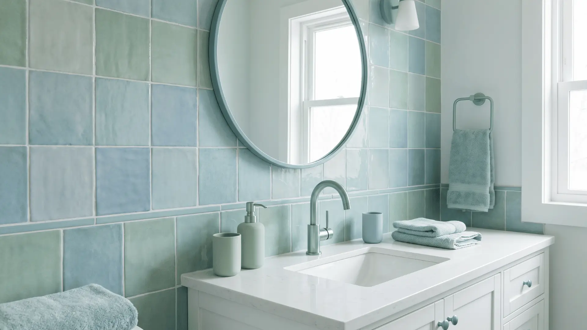 Bathroom with blue and green tiles, sink, and wall surfaces.