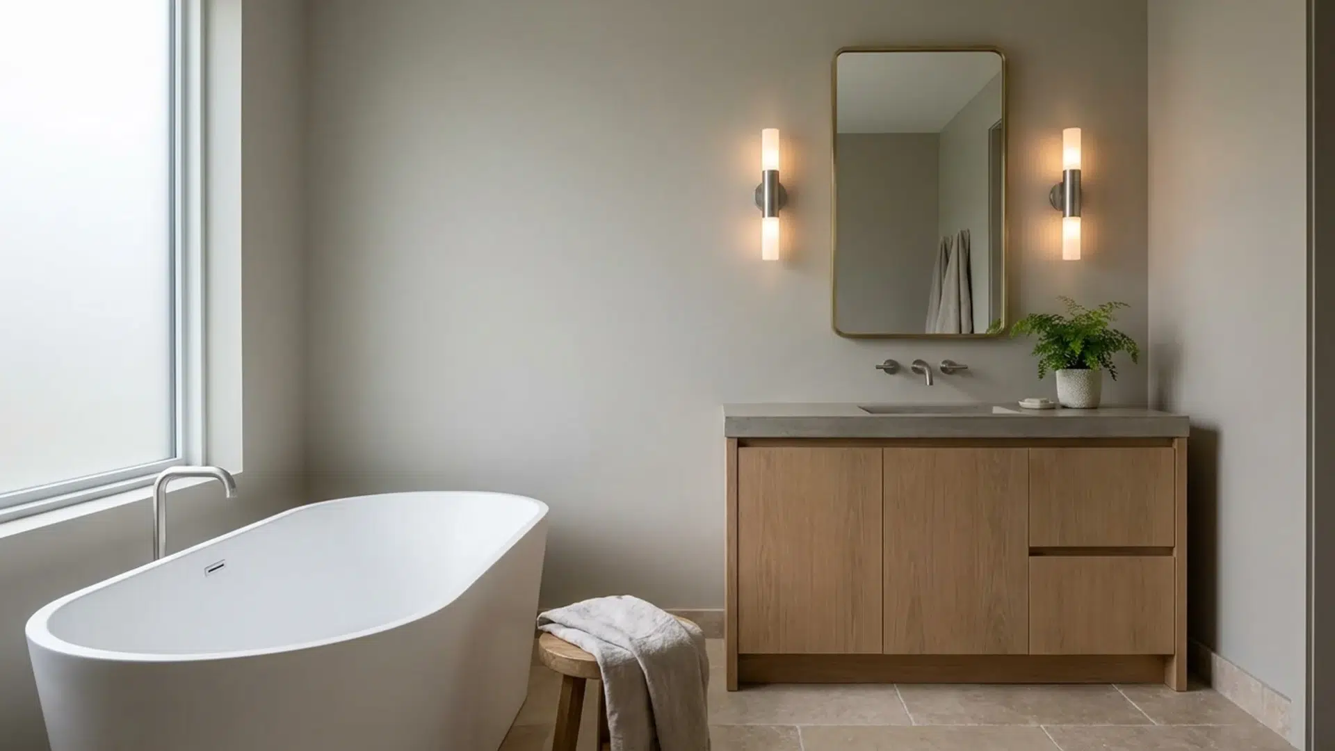 Bathroom with freestanding tub, framed mirror, wall sconces, and minimal material finishes