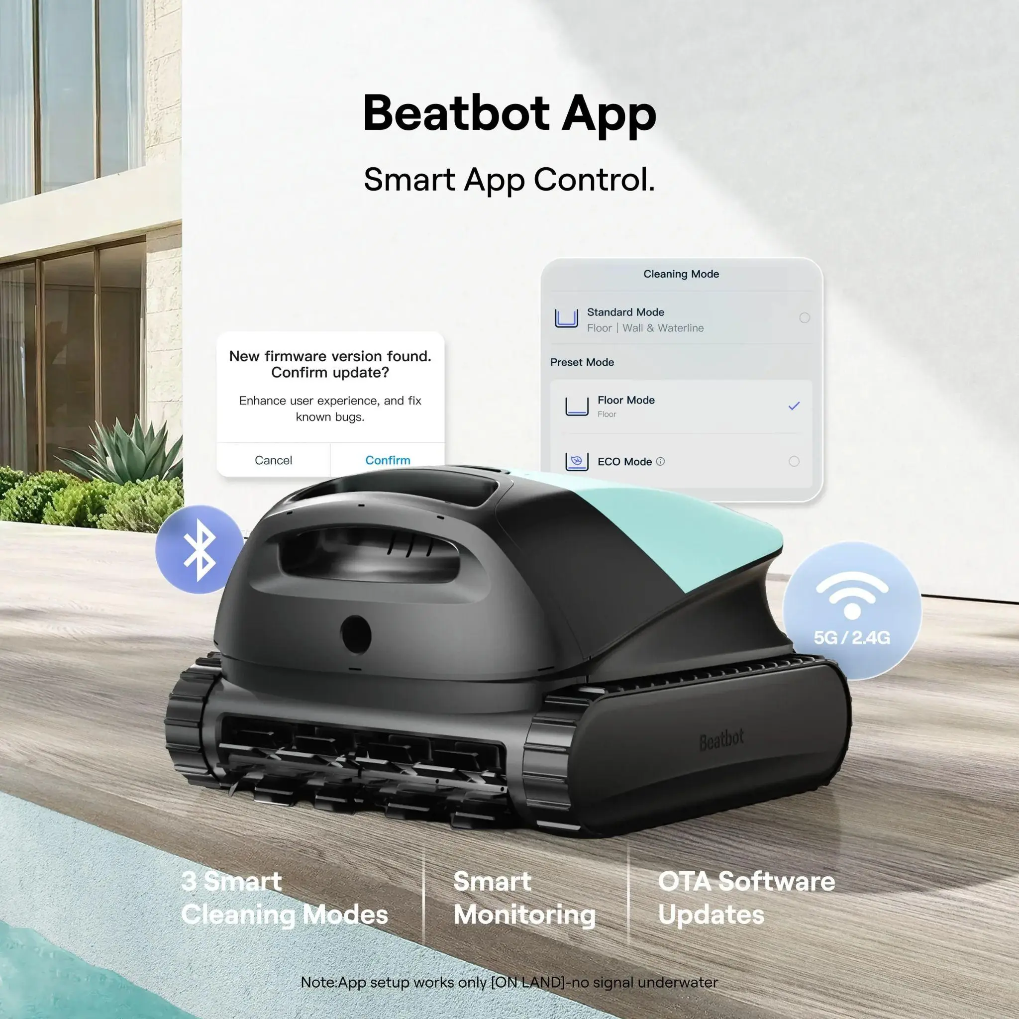 Robotic pool cleaner on deck with app interface and connectivity icons