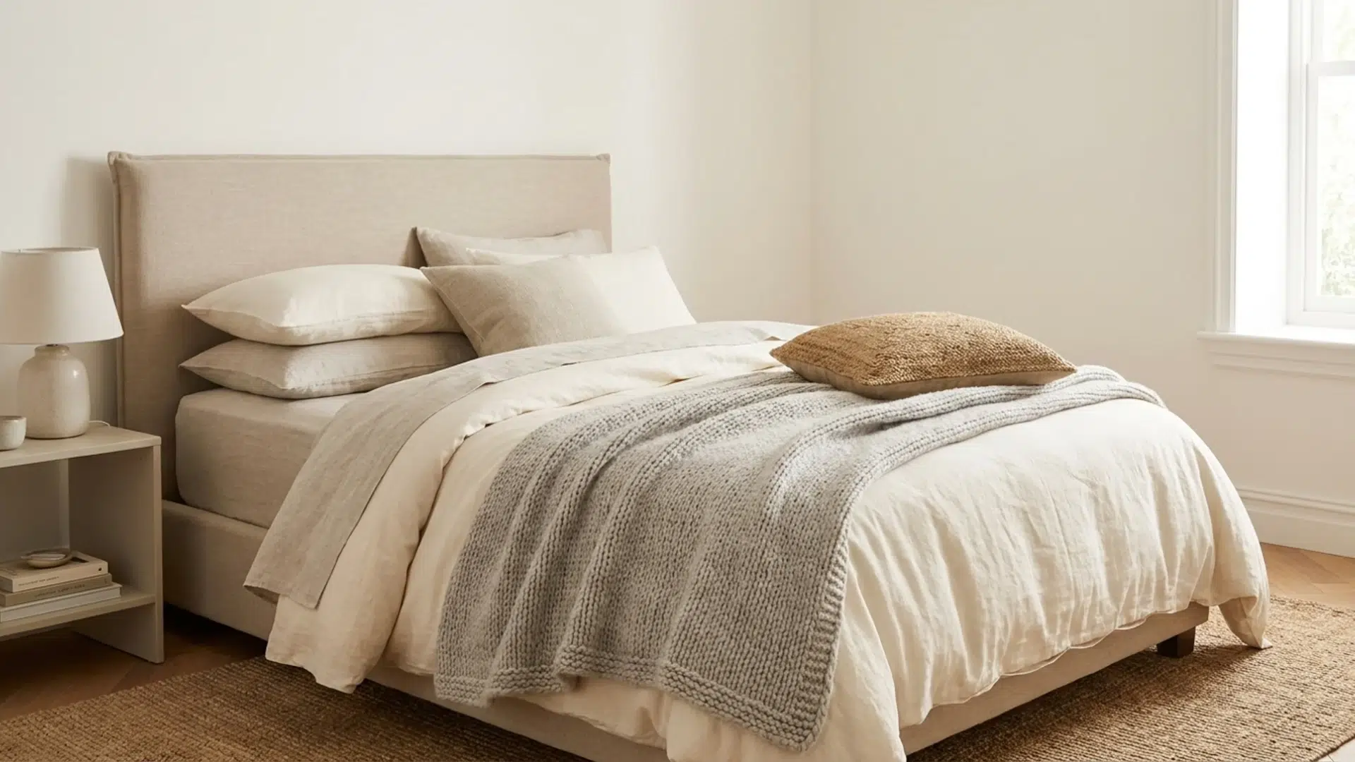 Bed with upholstered headboard and neutral bedding with textured throw and cushion