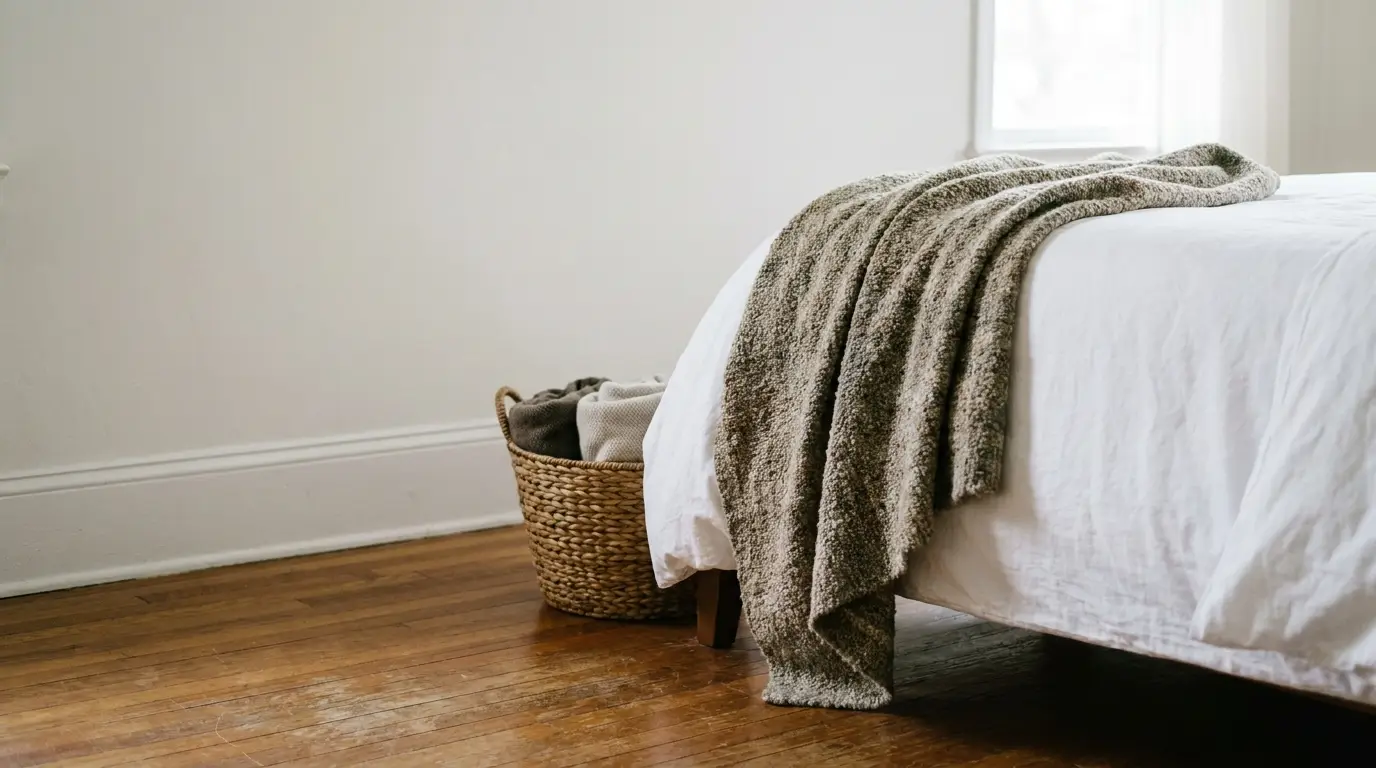 Cozy woolen blanket draped over white bed near wicker basket in bright bedroom
