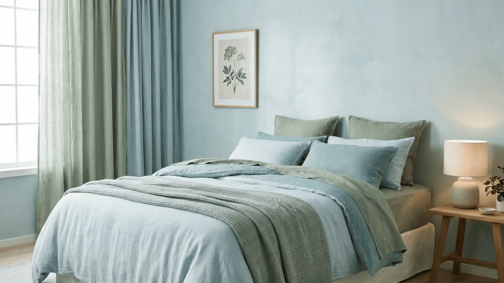 Bedroom with light blue, blue-green, and green colors on walls, bedding, and curtains