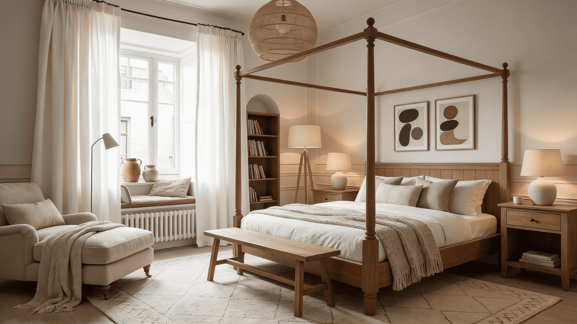Bedroom with White Flour walls, wooden four-poster bed, cozy beige armchair, neutral décor, and natural light from large window.