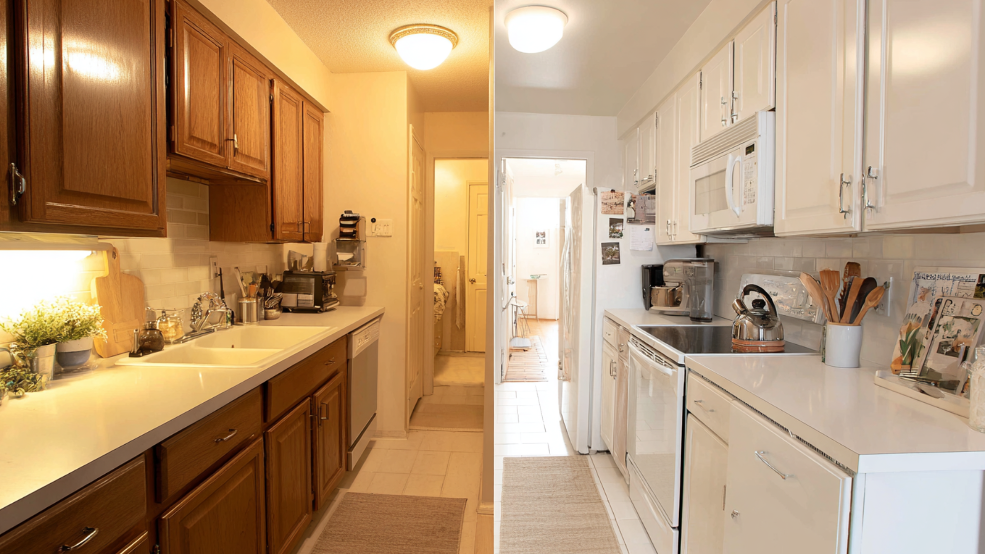 before and after galley kitchen makeover with dark wood cabinets updated to bright white modern cabinets interior