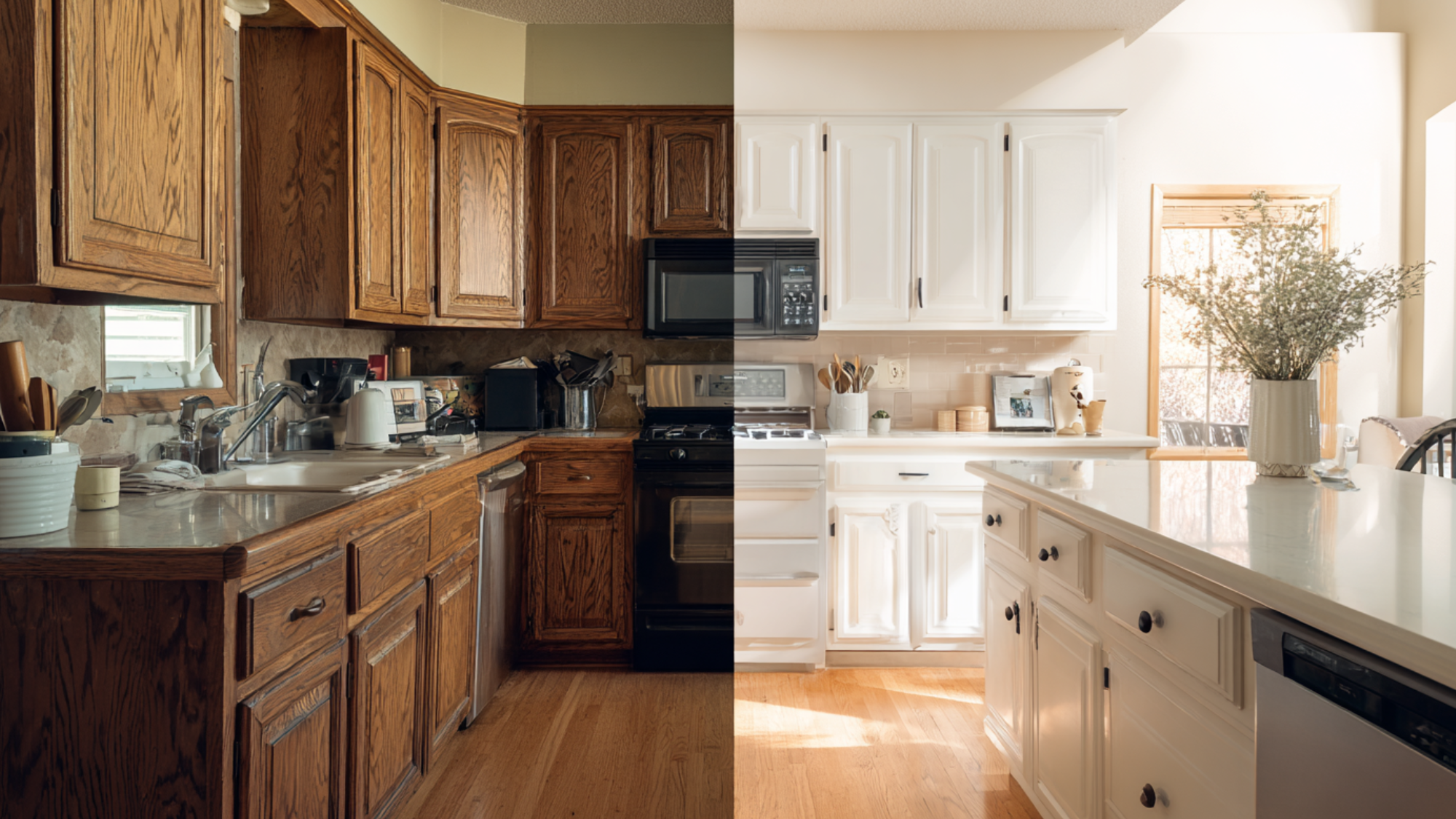 before and after kitchen remodel with dark wood cabinets replaced by bright white cabinets and modern island design