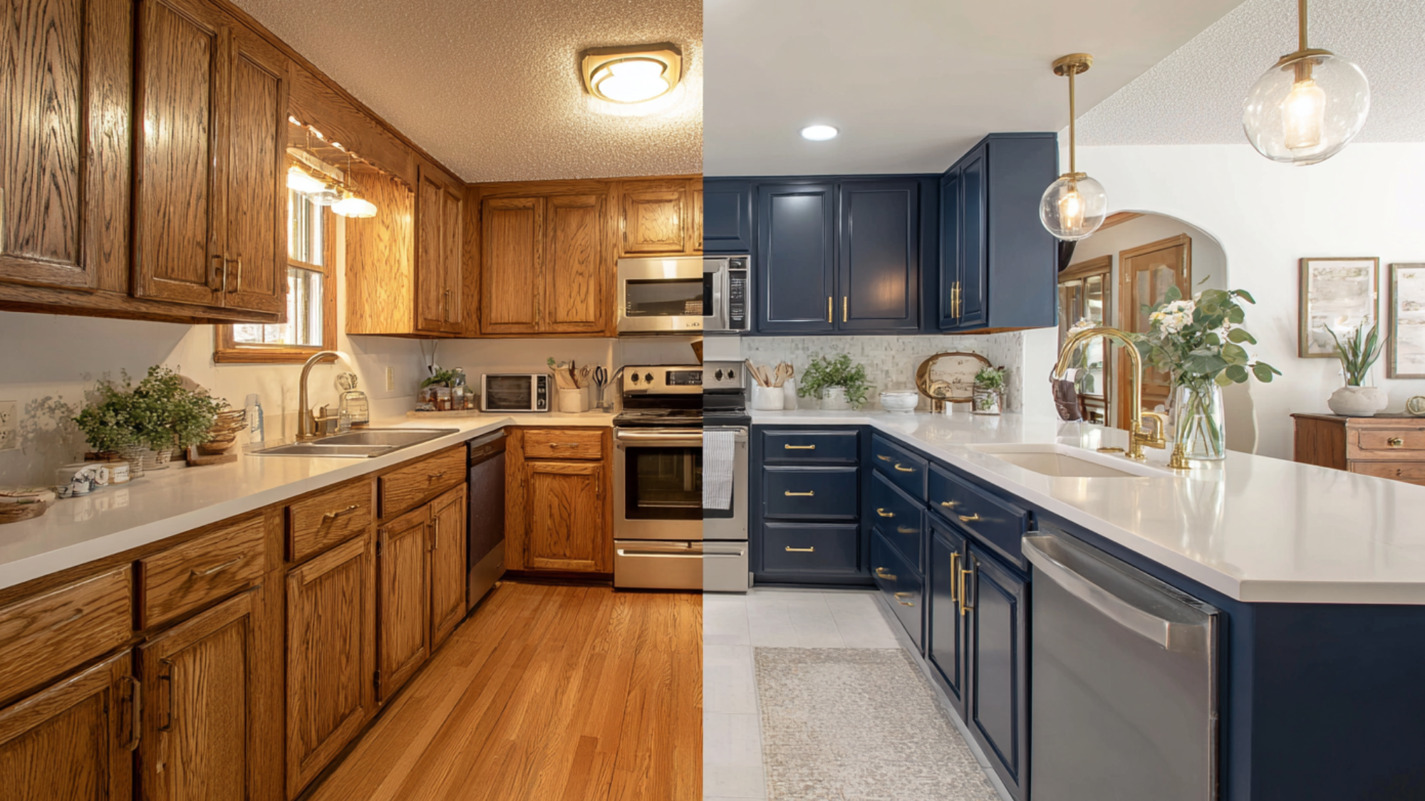 before and after kitchen remodel with oak cabinets updated to navy blue cabinets and bright modern countertops