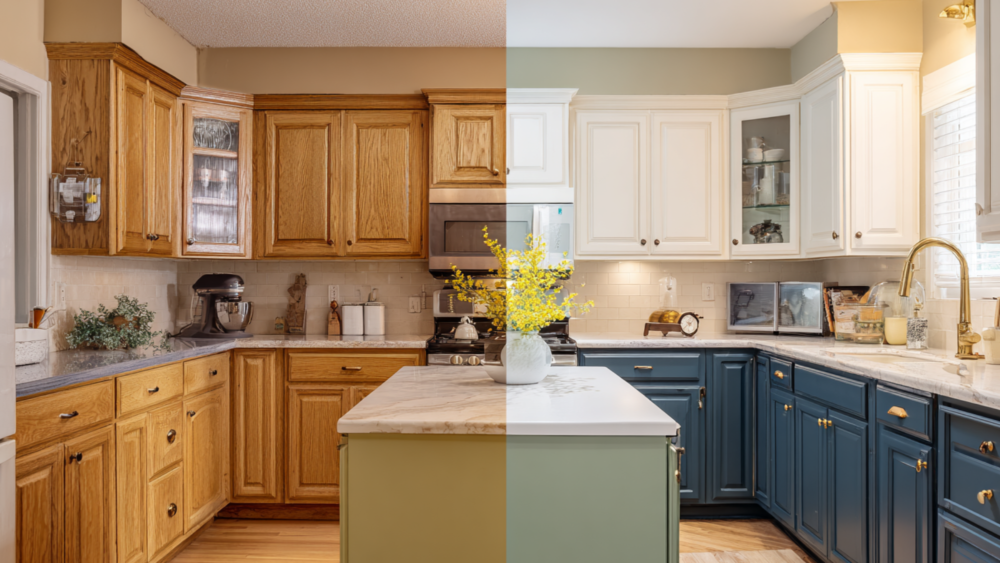before and after kitchen remodel with oak cabinets updated to white and navy cabinets with modern countertops