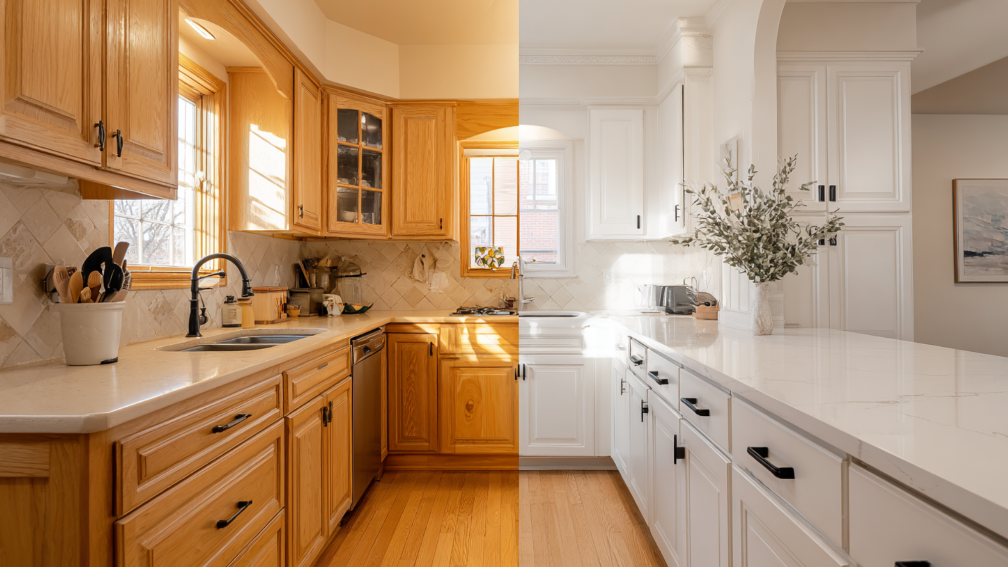 before and after kitchen remodel with wood cabinets replaced by bright white cabinets and modern countertop design
