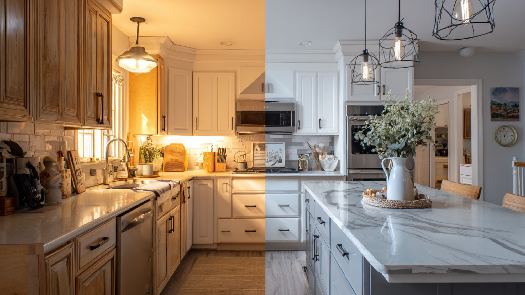 before and after kitchen remodel with wood cabinets updated to bright white cabinets and large marble island design