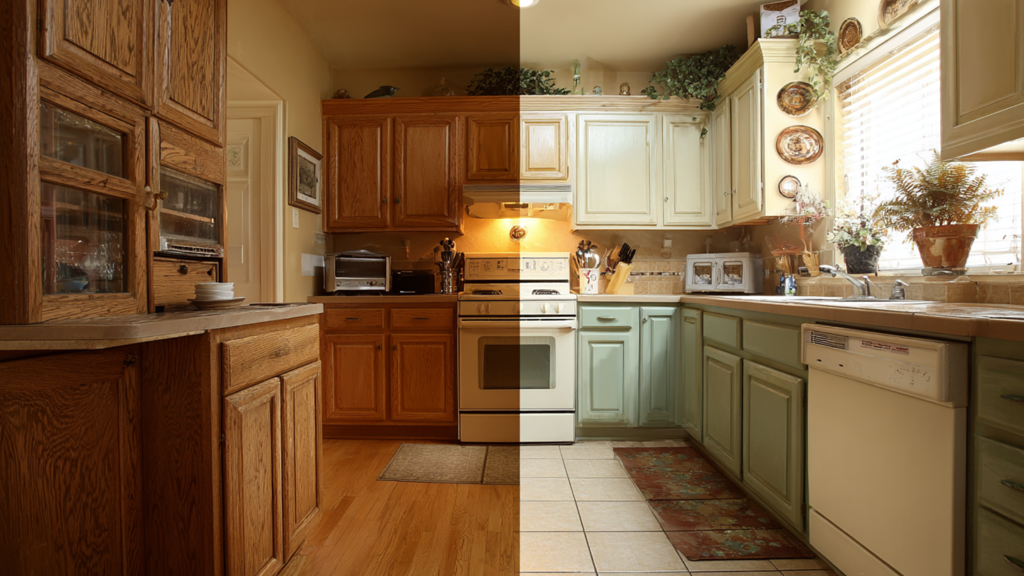 before and after kitchen update with dark wood cabinets changed to light painted cabinets and brighter kitchen decor