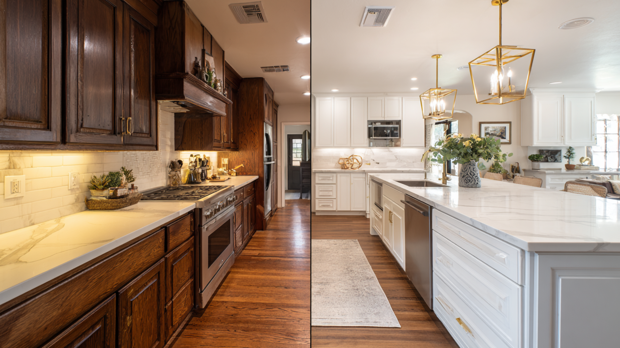 before and after luxury kitchen remodel with dark wood cabinets updated to bright white modern kitchen interior