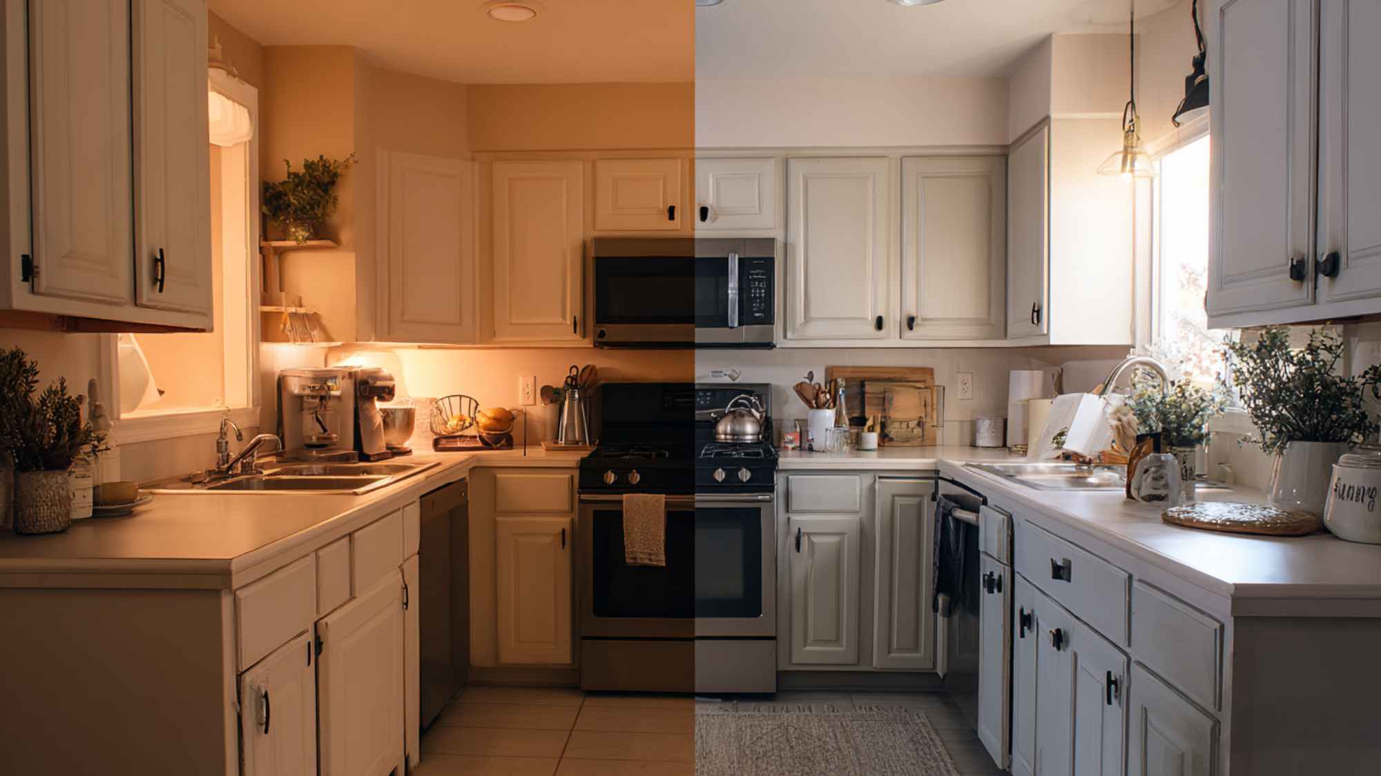 before and after white kitchen makeover with brighter lighting, updated cabinets and a clean modern interior
