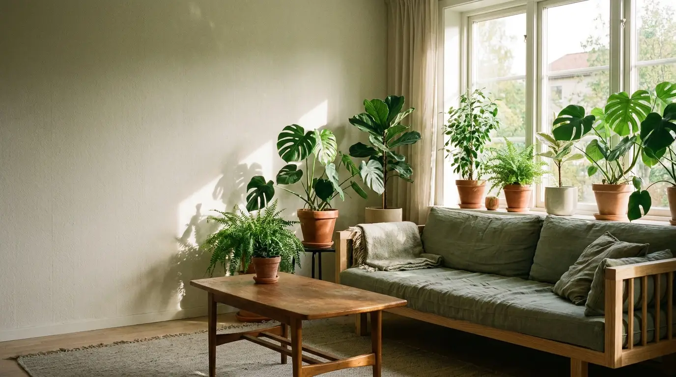 Living room with green plants on windowsill, wooden sofa, and table in natural light