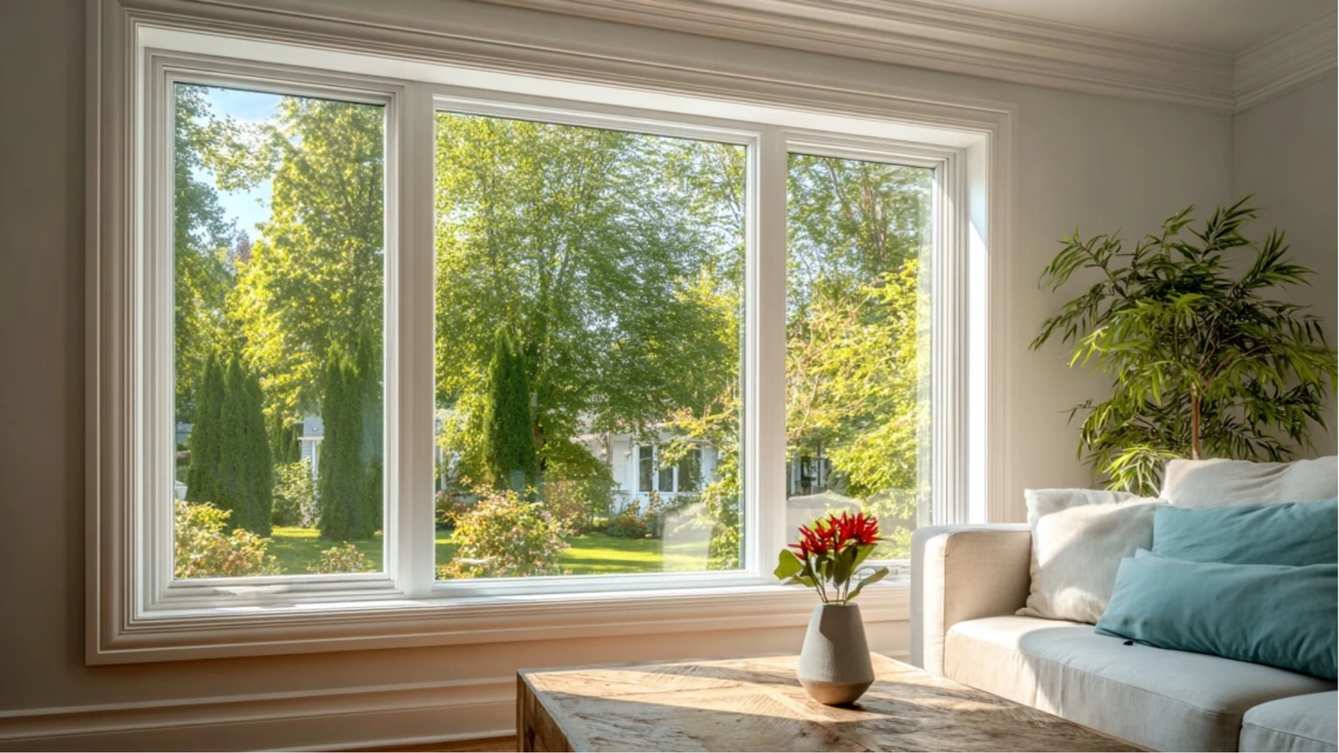 bright American living room interior with newly installed white vinyl ProVia double hung windows showing clean frames and warm natural light