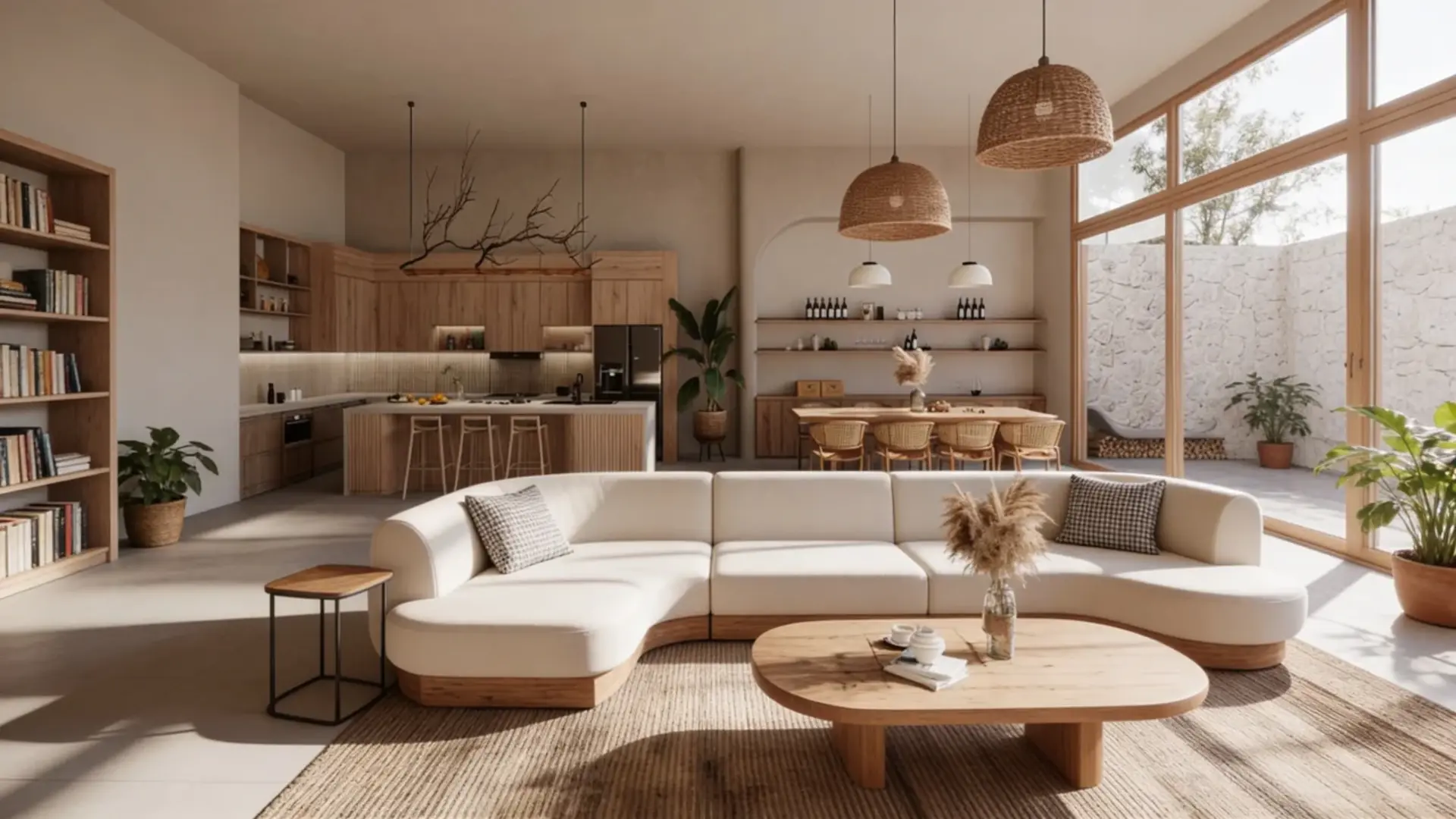 Bright and airy living area with a cozy sectional sofa, natural wood furniture, and an open kitchen.