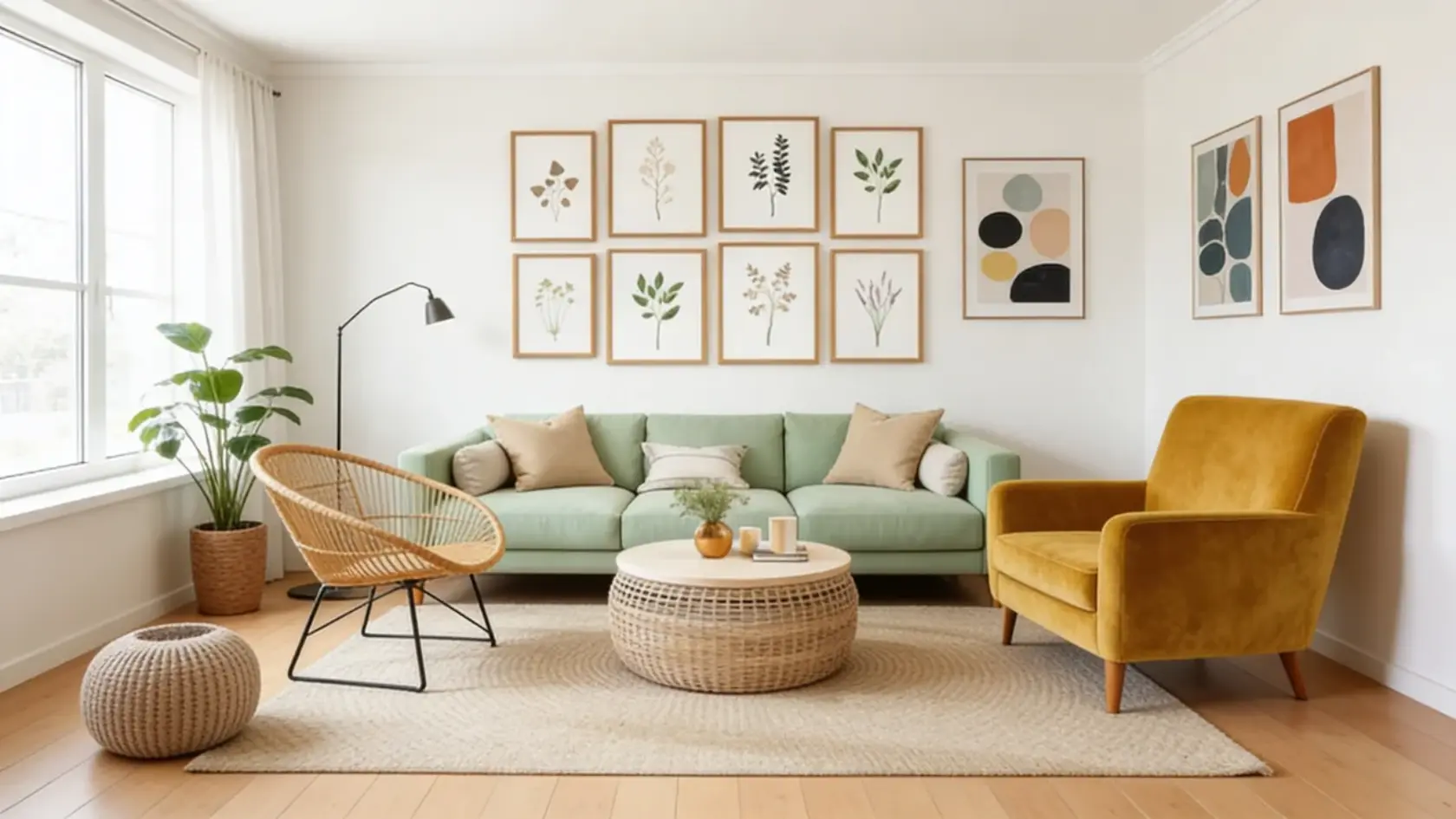Bright living room with green sofa, mustard armchair, woven furniture, gallery wall art, and neutral decor near large windows
