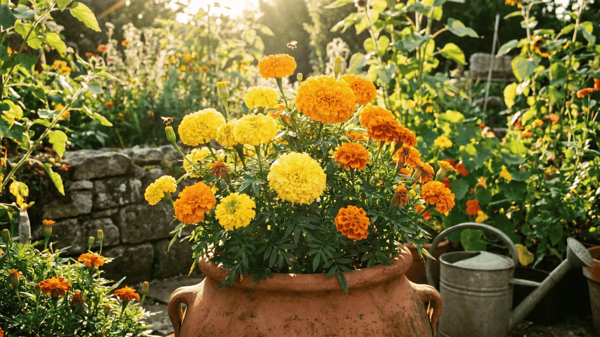 Bright yellow and orange marigold flowers blooming in a sunny garden pot