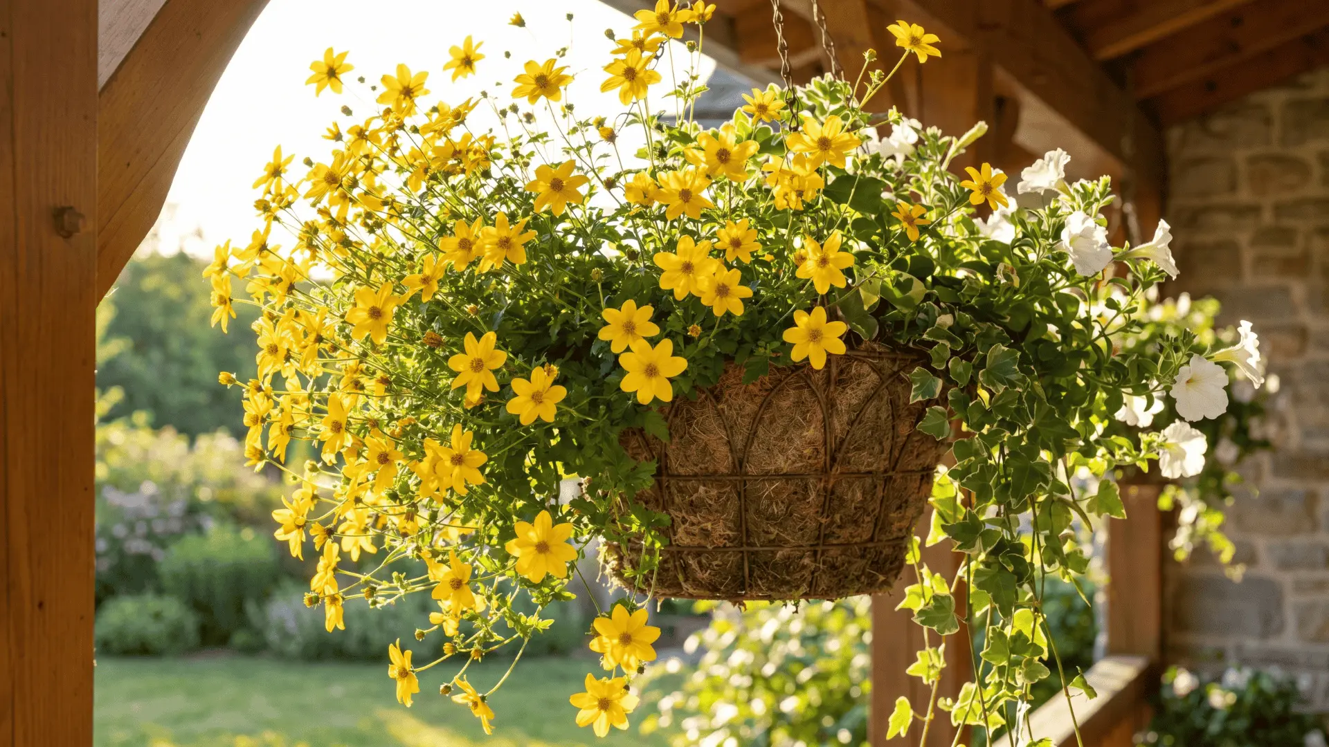 Bright yellow bidens flowers trailing from a hanging basket in sunlight (1)