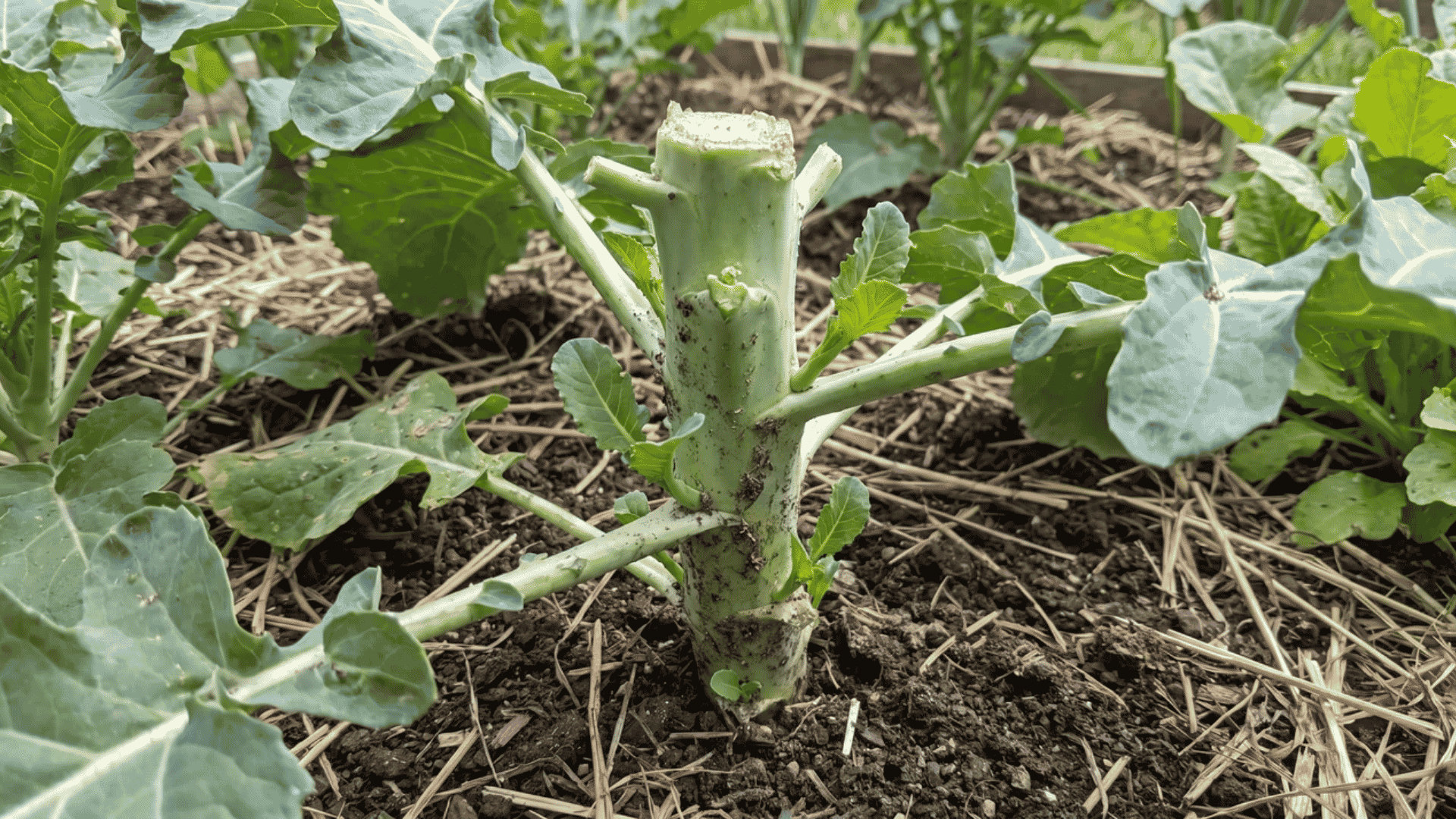 Broccoli plant with harvested central stalk showing small green side shoots emerging from stem joints.
