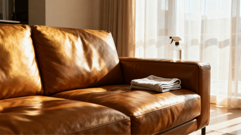 brown leather sofa with folded towel and spray bottle in warm sunlight near window