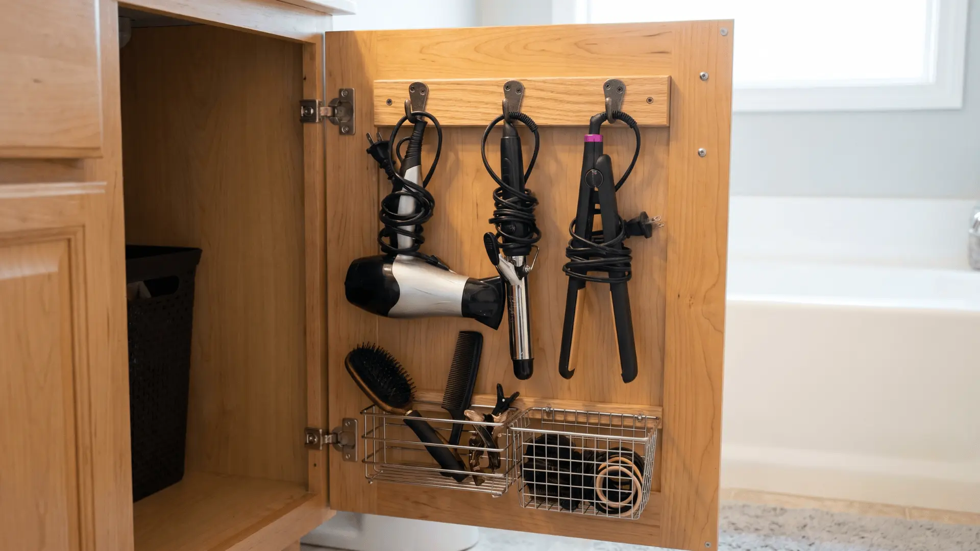 Cabinet door with hooks and racks for storage