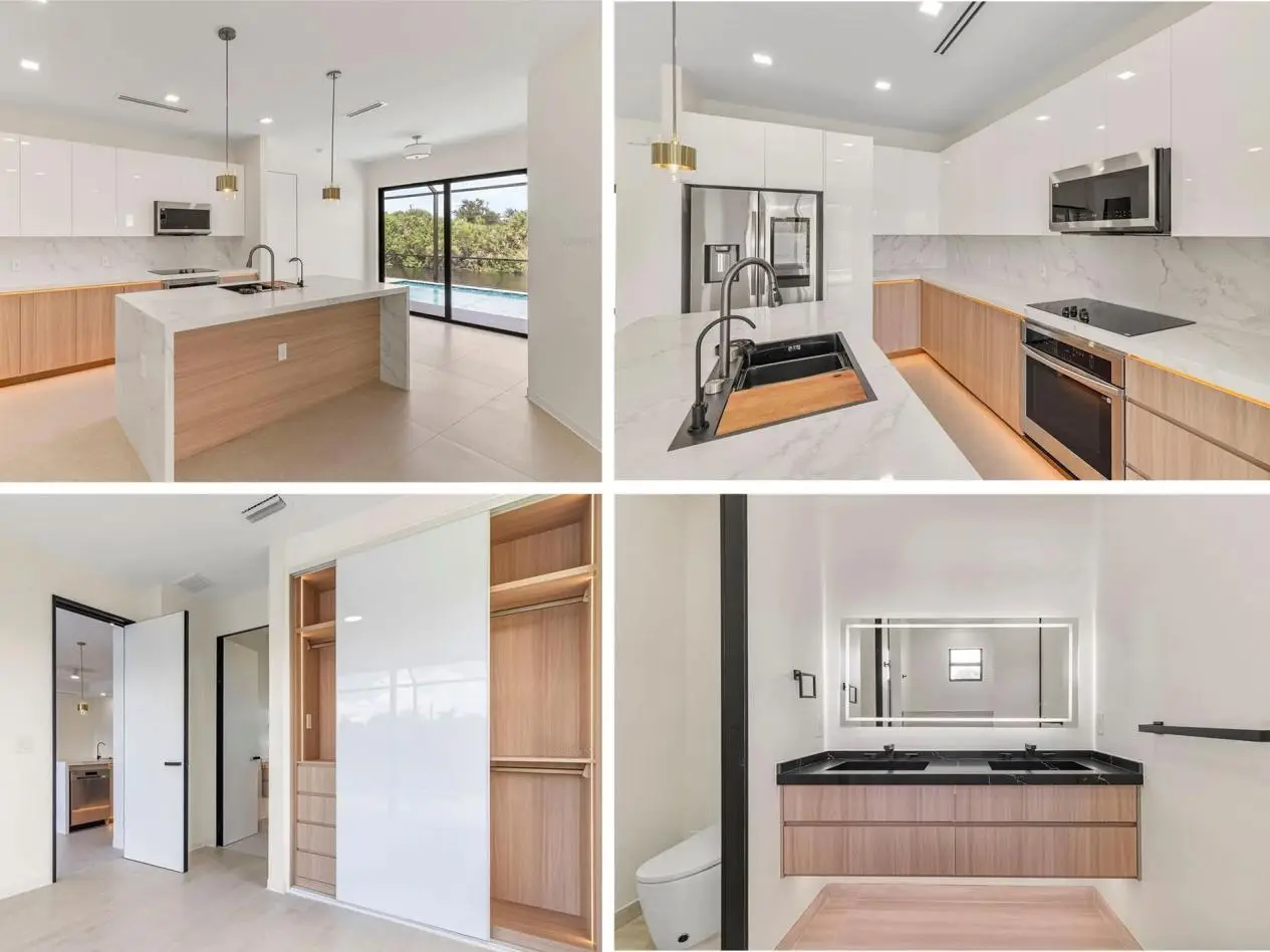 Modern kitchen and bathroom interiors with wood cabinetry and sleek marble countertops