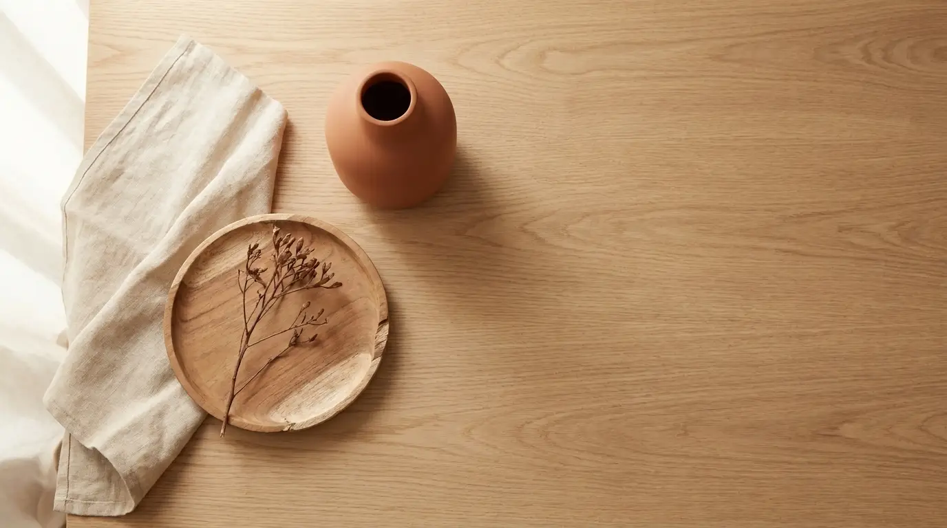 Terracotta vase and dried sprig on wooden table with beige cloth in natural light