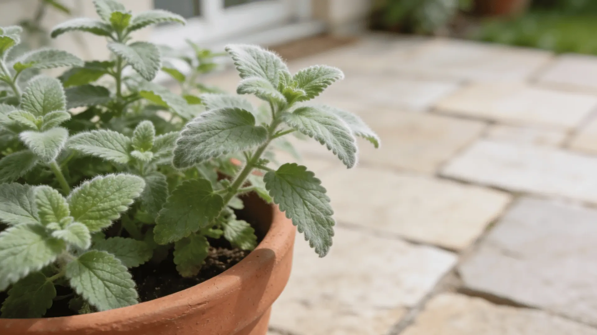 Catnip plant growing in a container near a patio area