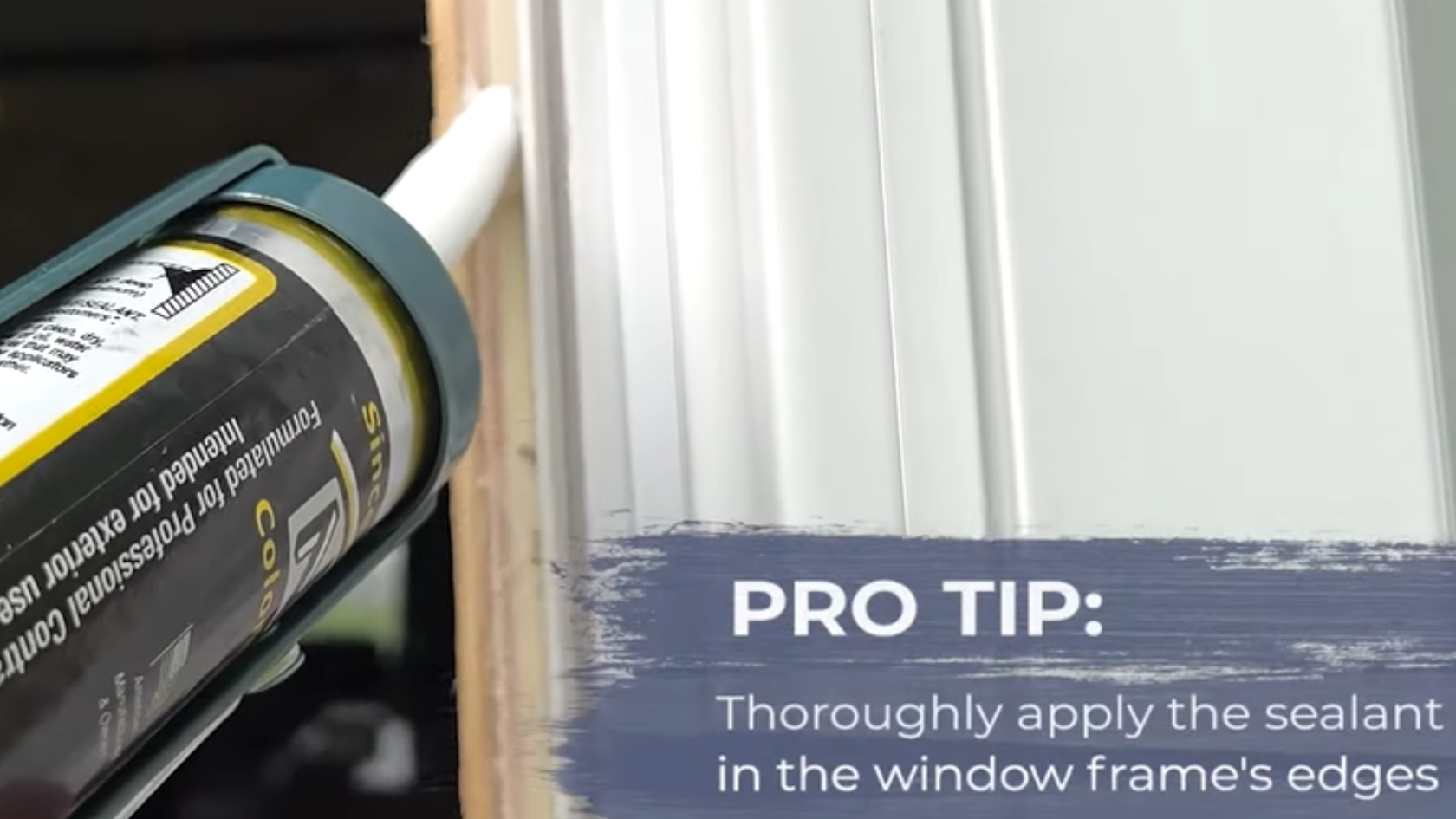 Caulk gun applying sealant along the edge of an empty window frame with repair tip text overlay
