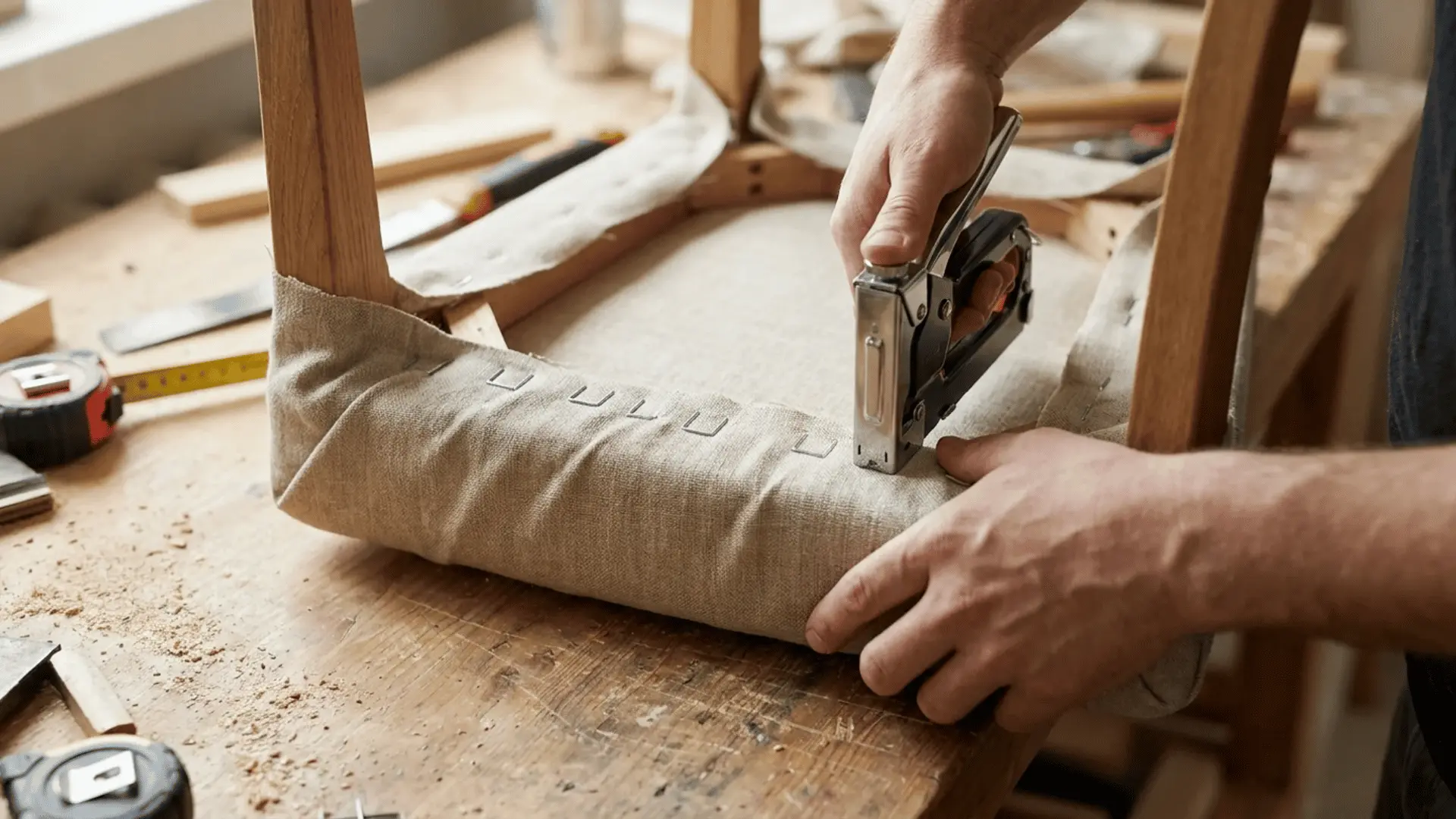 Chair seat with fabric being stapled along edge while pulled tight