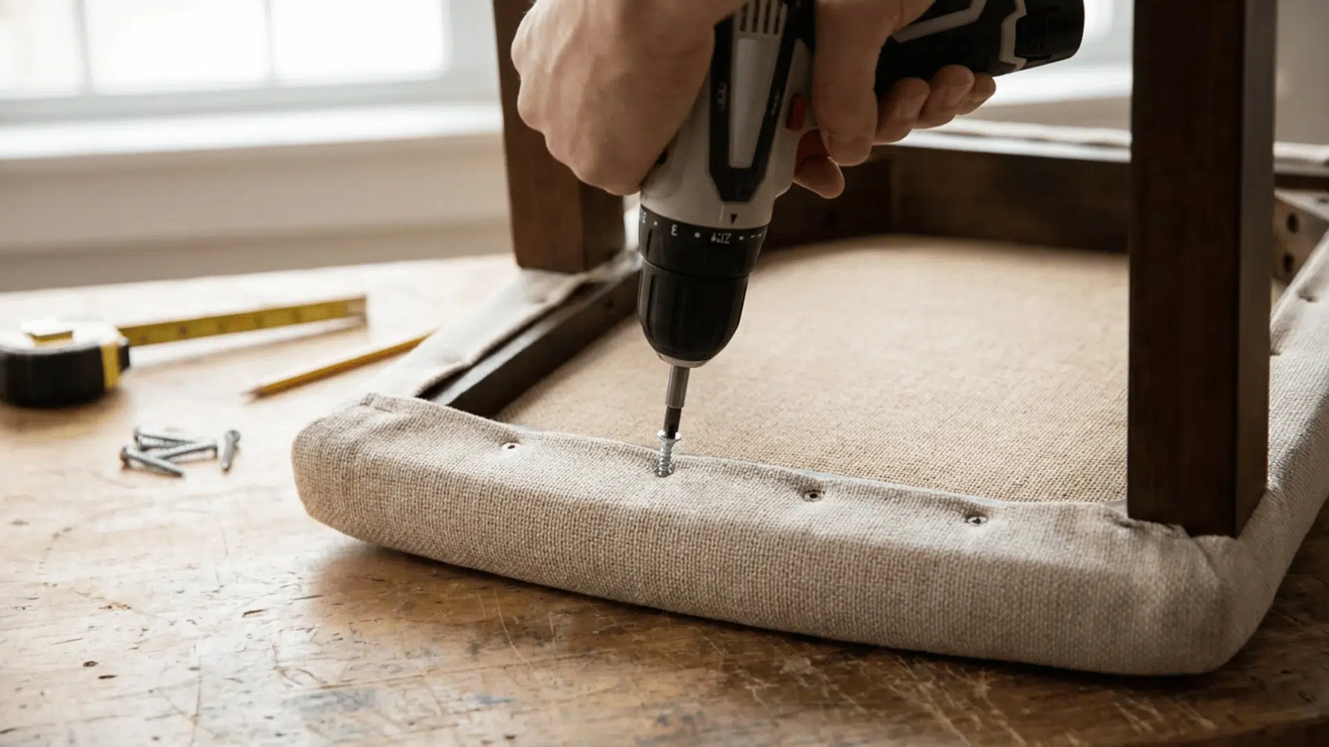 Chair seat with trimmed fabric being reattached to frame using screws