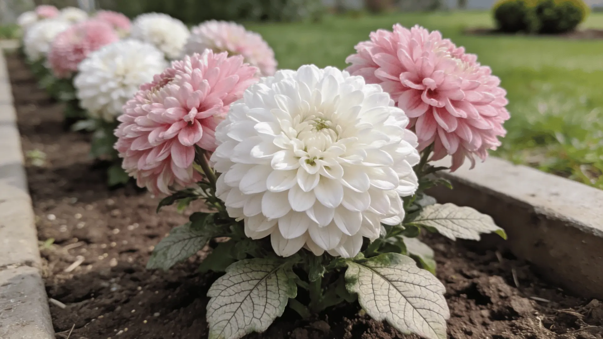 Chrysanthemum flowers growing in a garden bed along a border in sunlight