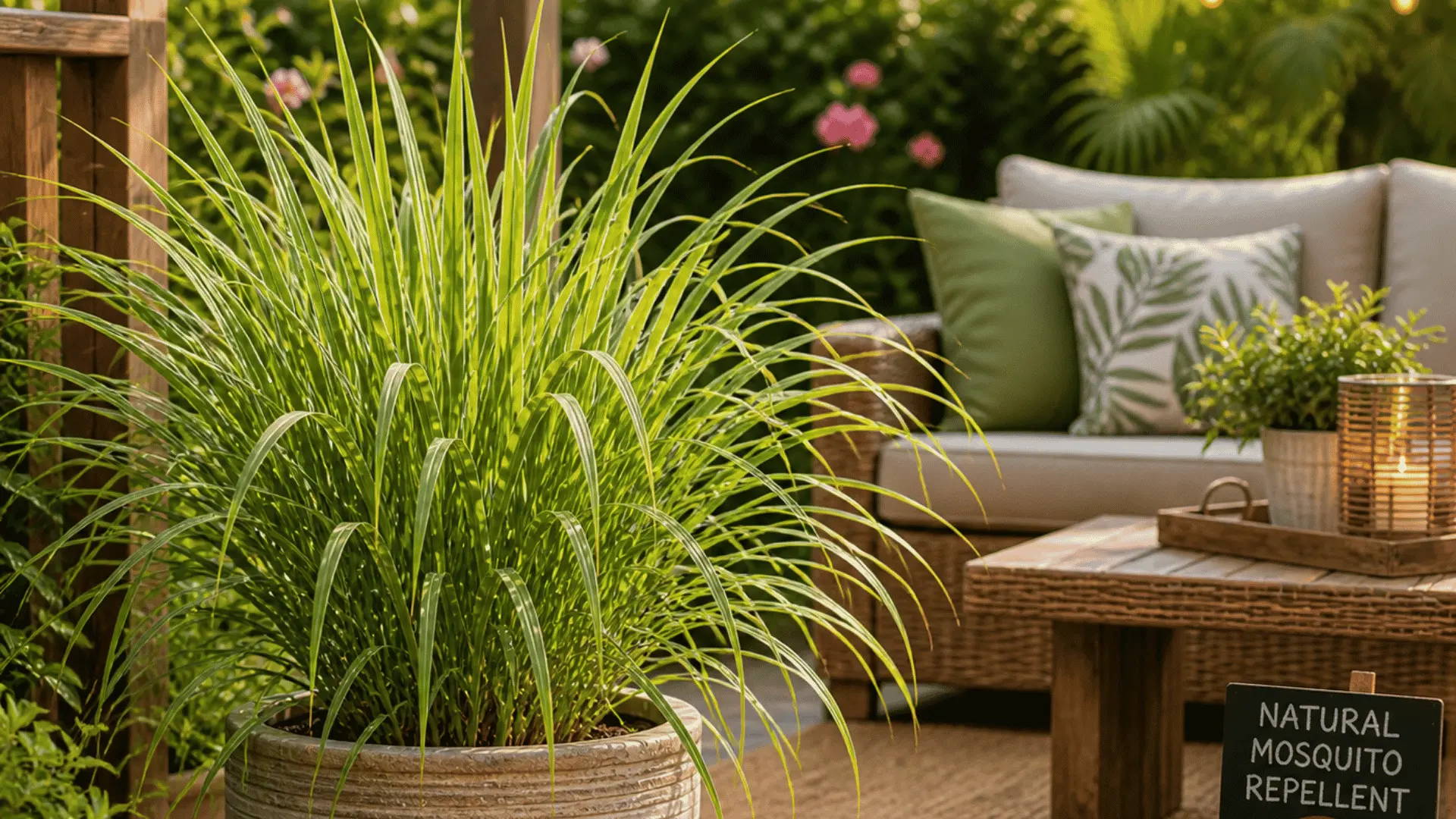 Citronella grass in a pot placed on a wooden patio with outdoor seating in the background
