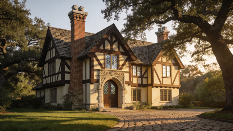 classic American Tudor Revival house exterior showing half-timbering steep roofline arched front door and tall decorative chimneys