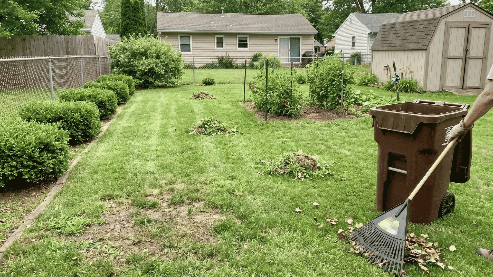 Clean backyard garden with trimmed shrubs, short grass, and cleared debris.
