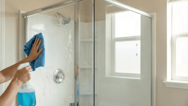 Cleaning glass shower doors to remove hard water stains and soap scum (1)