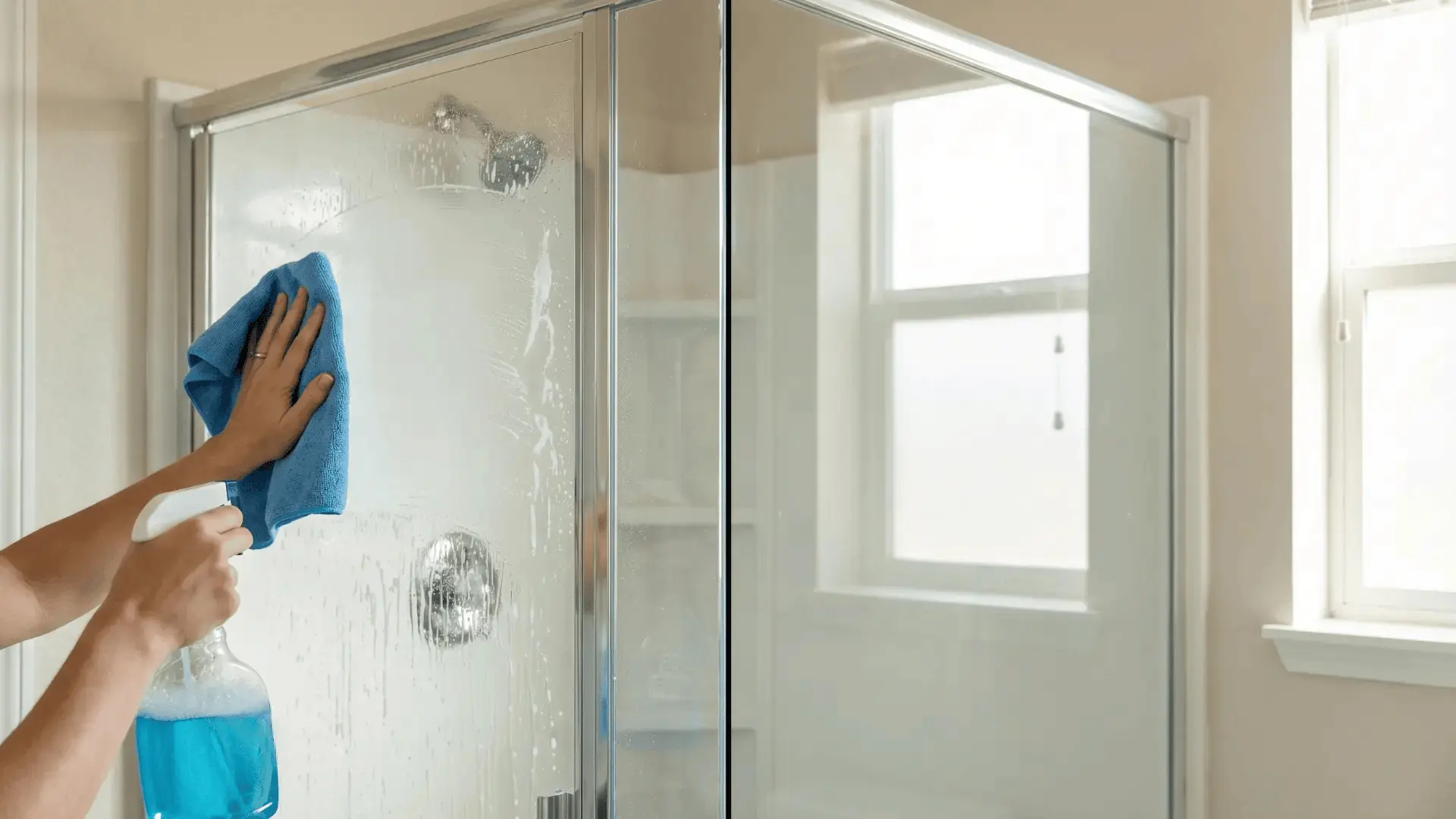 Cleaning glass shower doors to remove hard water stains and soap scum (1)
