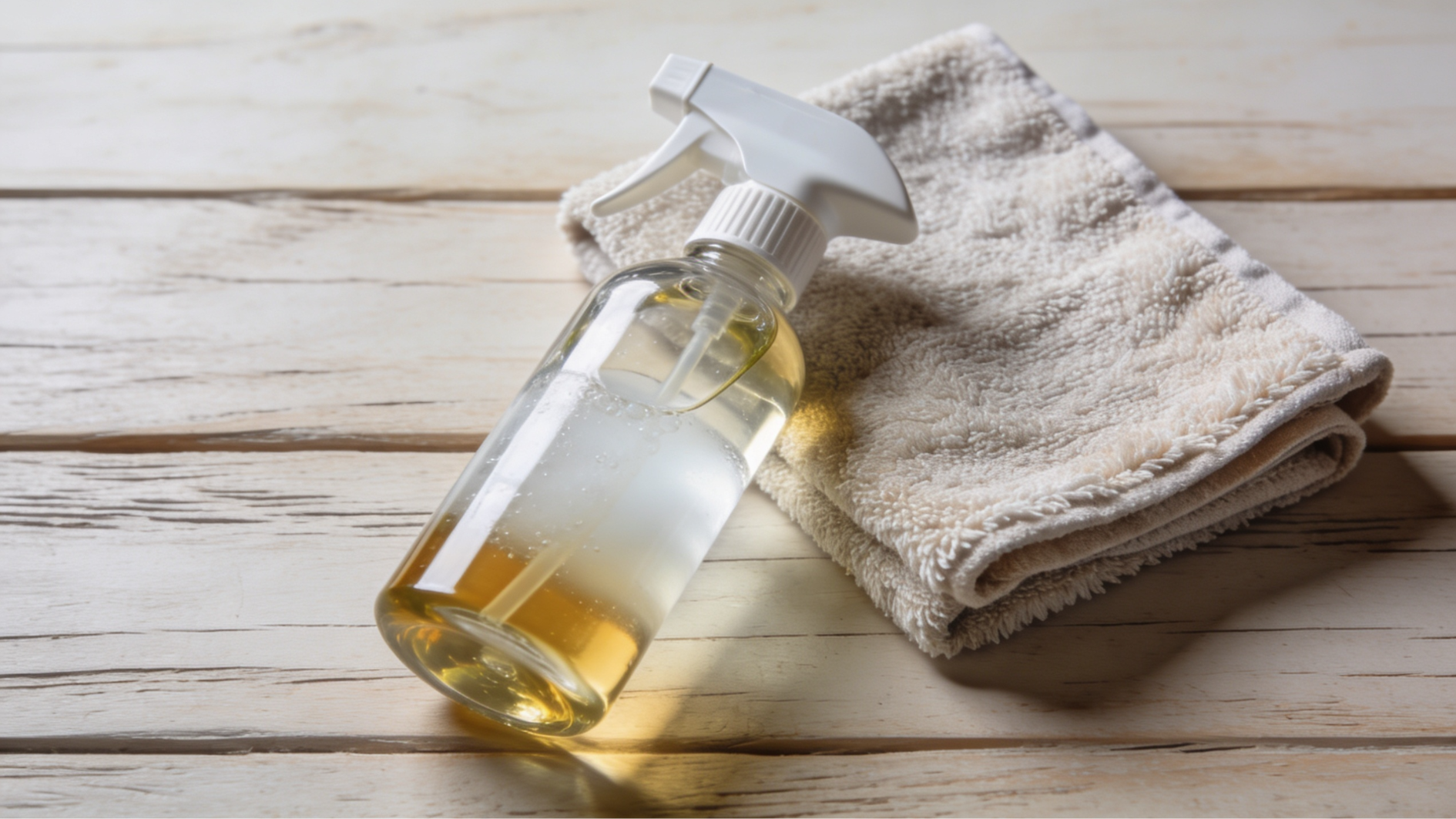 clear spray bottle with cleaning cloth on white wooden surface