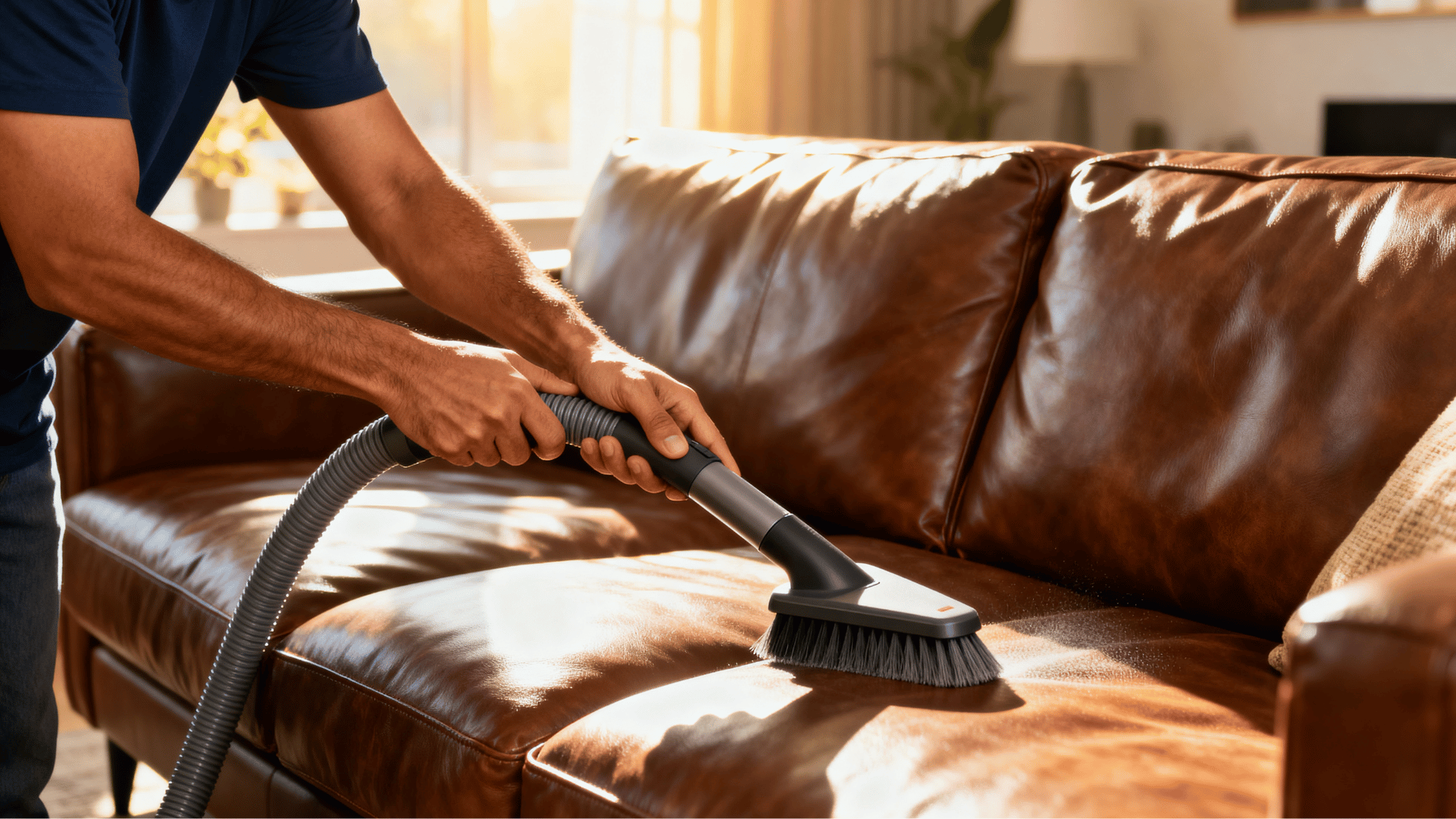 close-up of hands vacuuming brown leather sofa with soft brush attachment in sunny living room