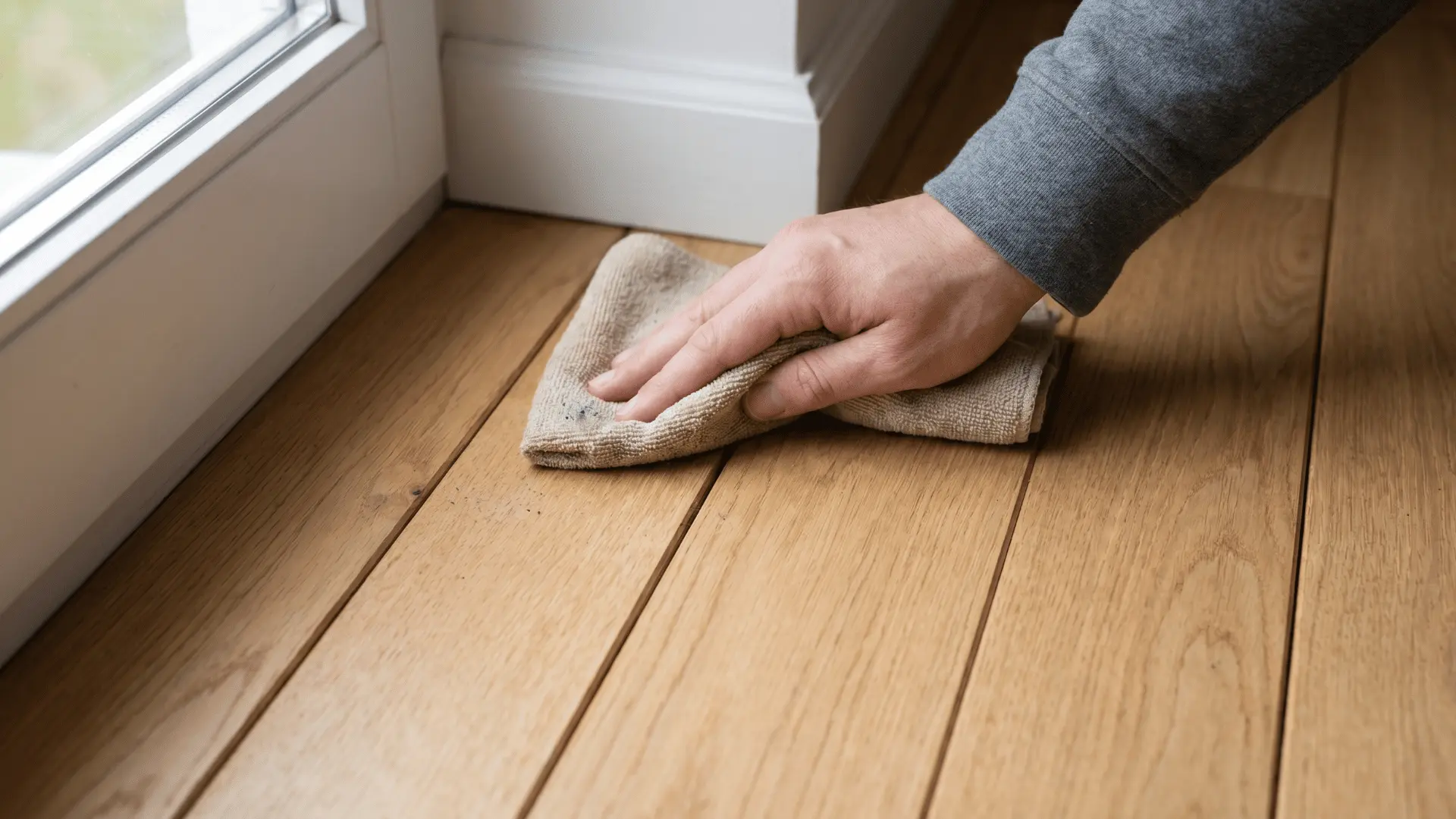Cloth wiping along gaps between hardwood floor boards near edge