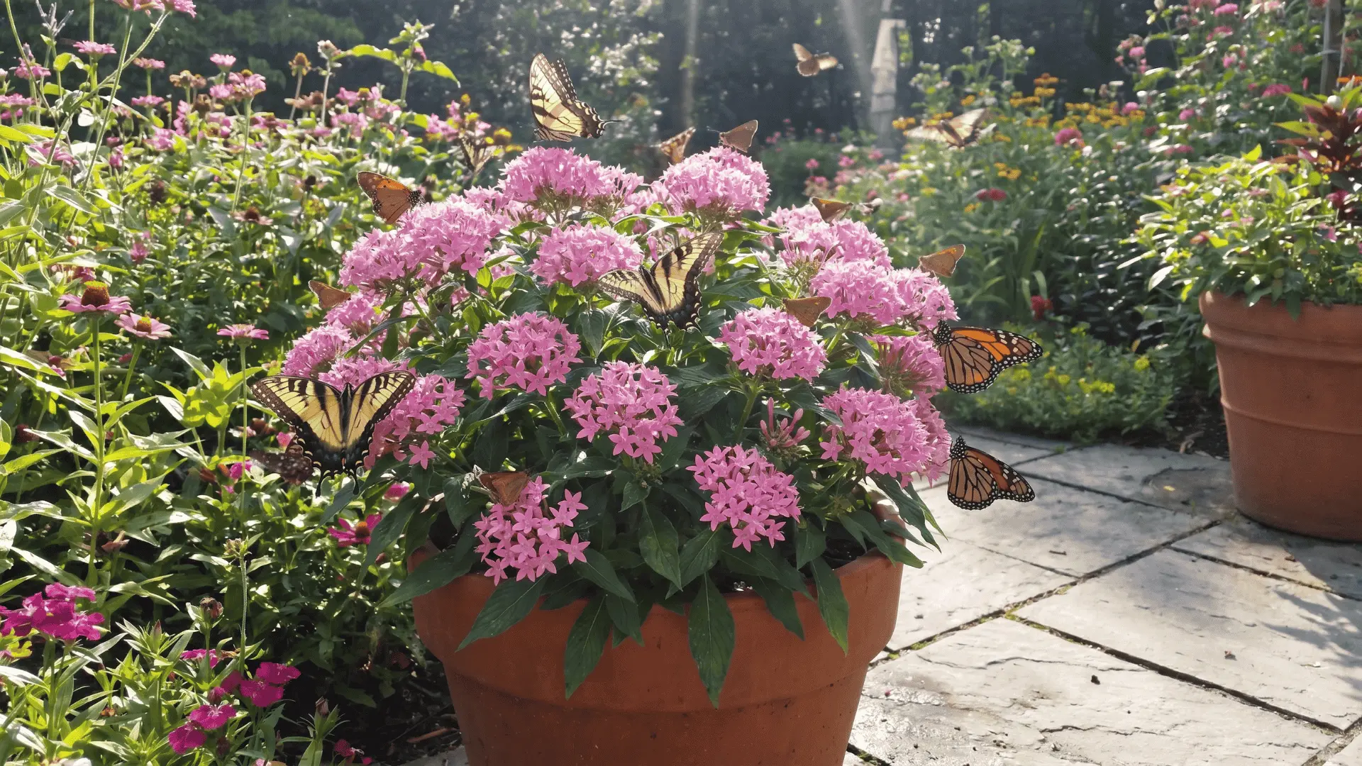 Clusters of small pink pentas flowers attracting butterflies in a garden pot