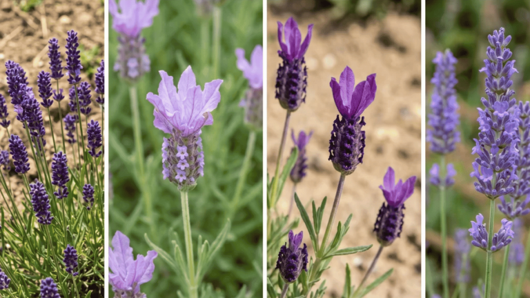 collage of four lavender varieties in vertical sections showing english, french, spanish, and lavandin plants side by side