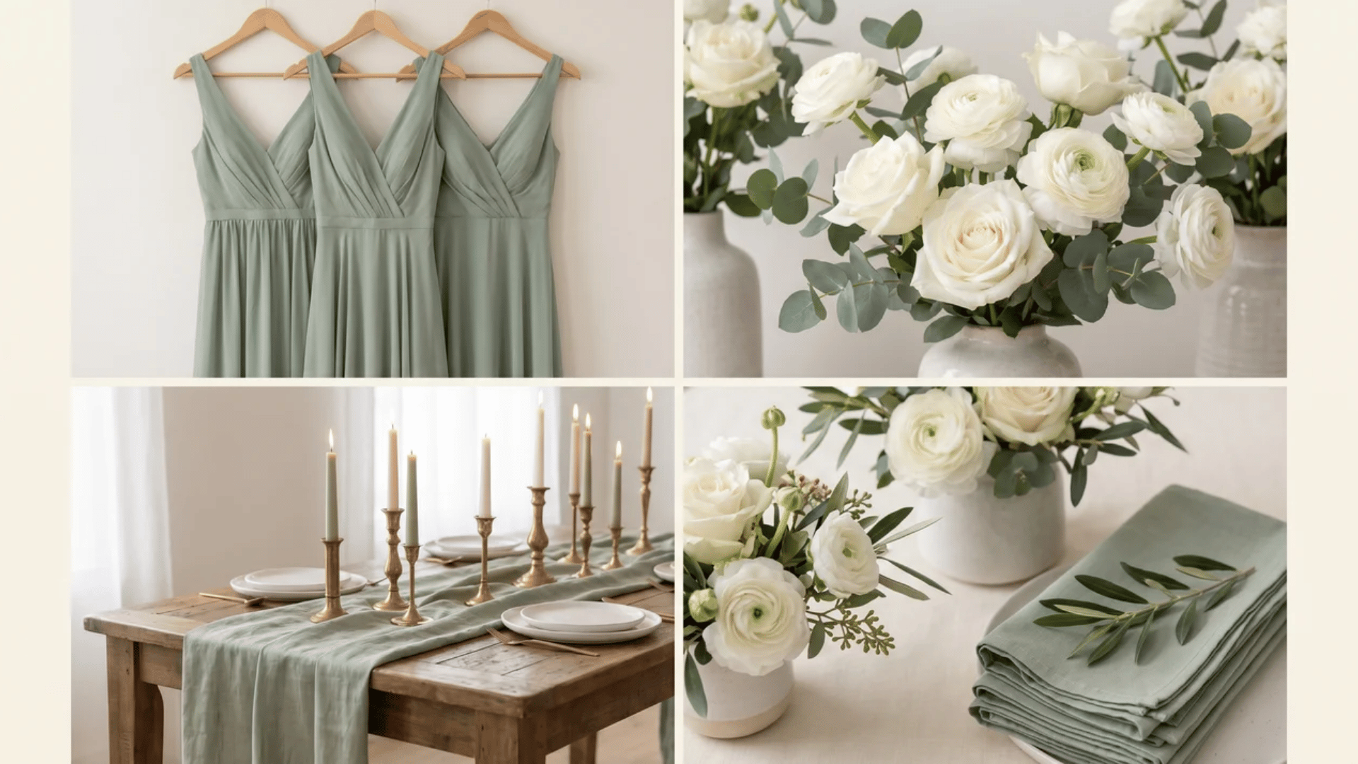 Collage of sage green bridesmaid dresses, eucalyptus florals, and wedding table decor.