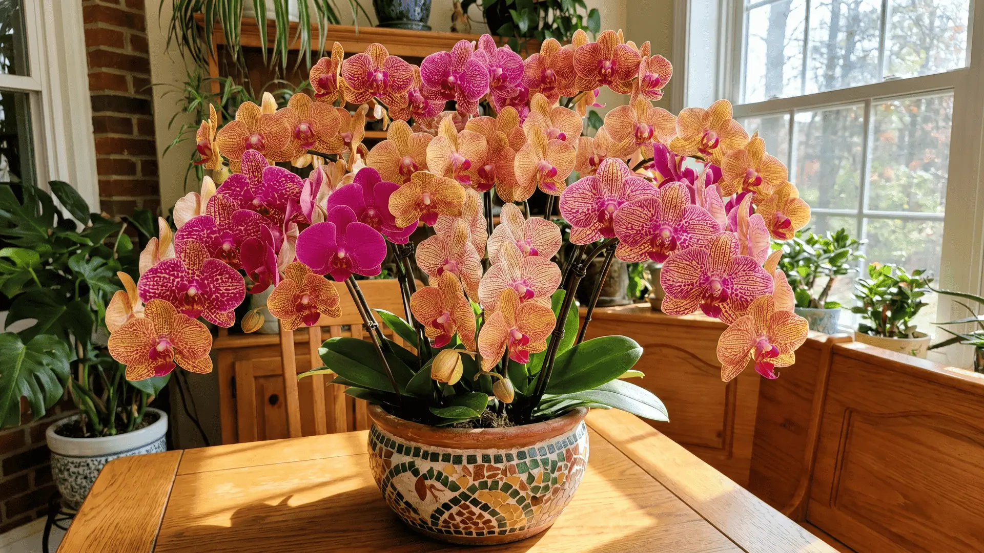 Colorful orchid flowers with patterned petals growing in an indoor pot