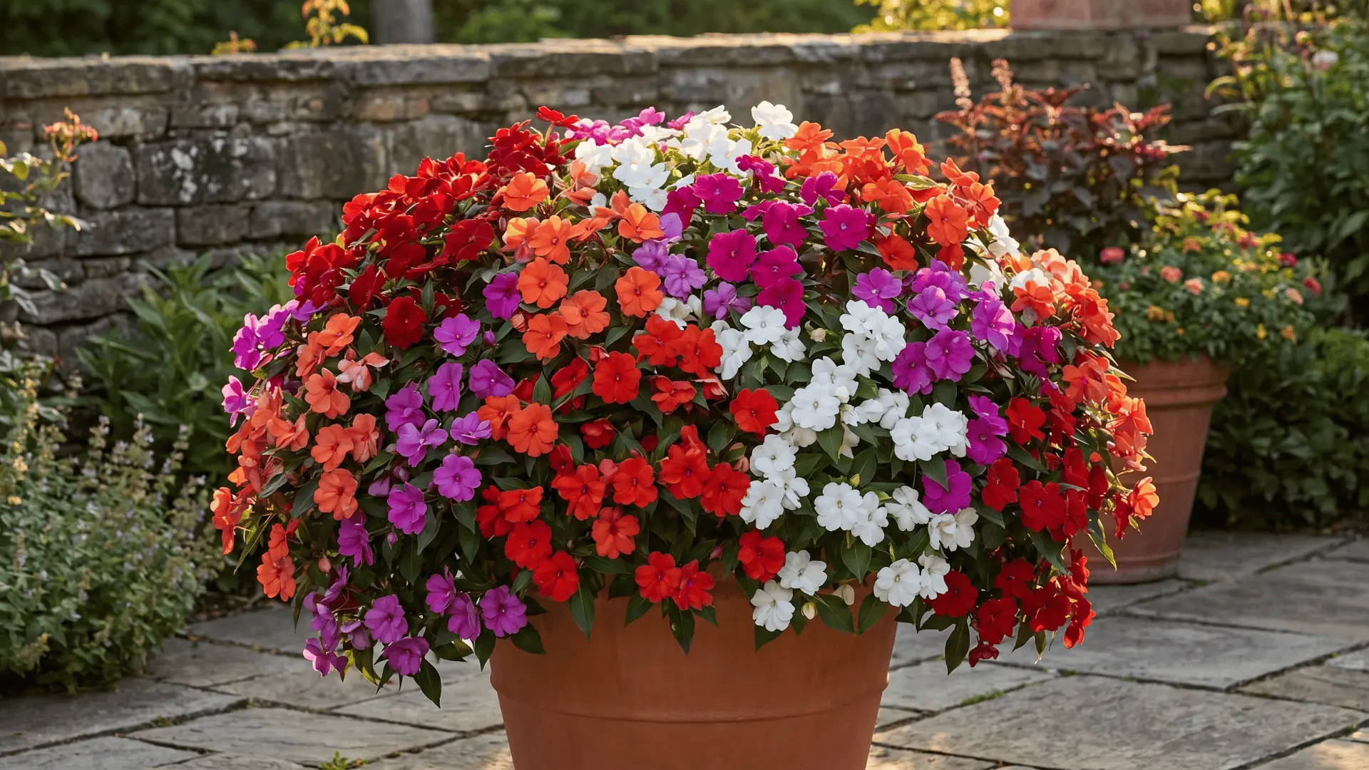 Colorful SunPatiens flowers growing full and dense in a sunlit container