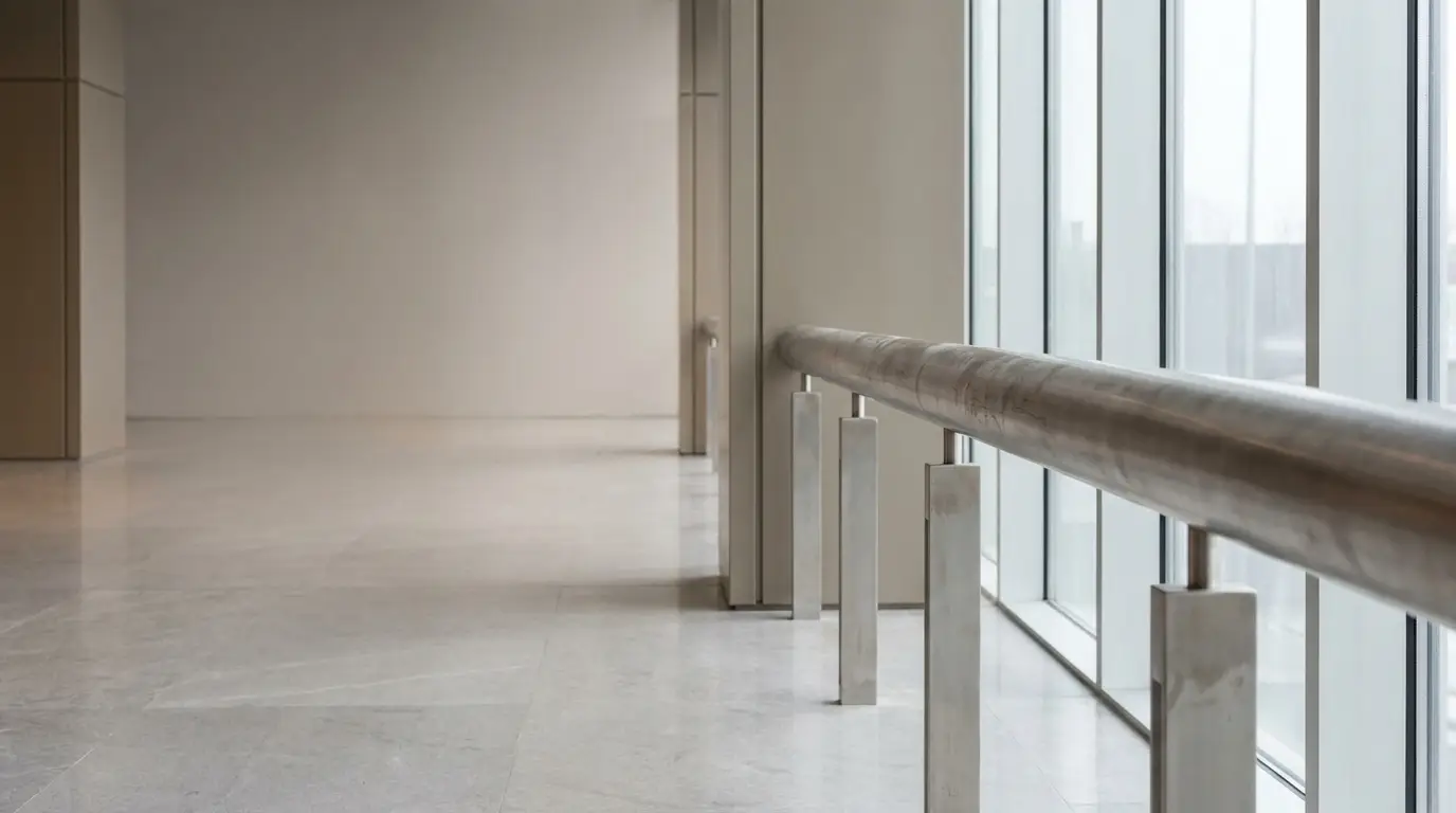 Empty hallway with large glass windows and metal railing in a modern building