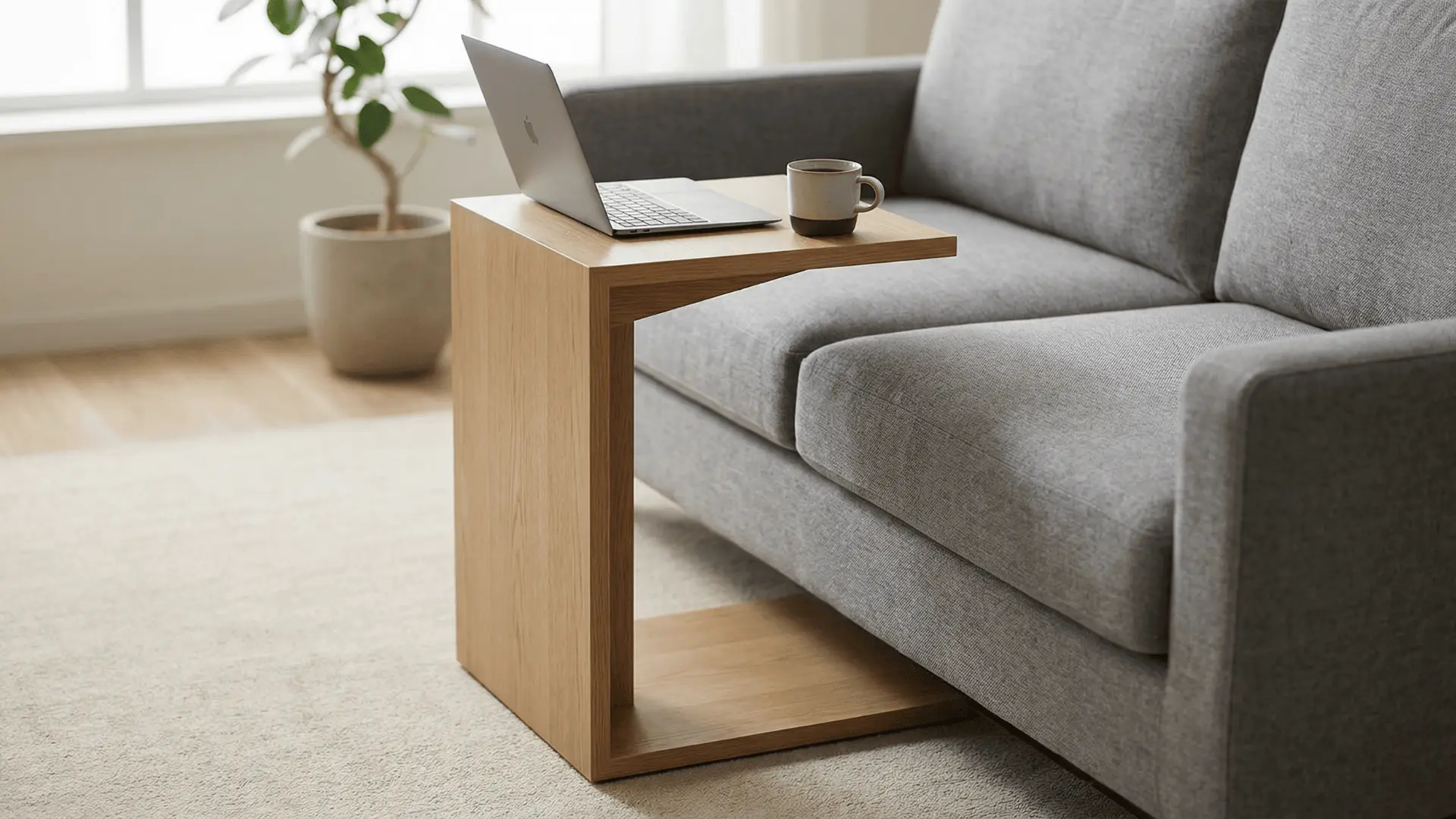 Compact C-table sliding over sofa in small living room, used for laptop and drink