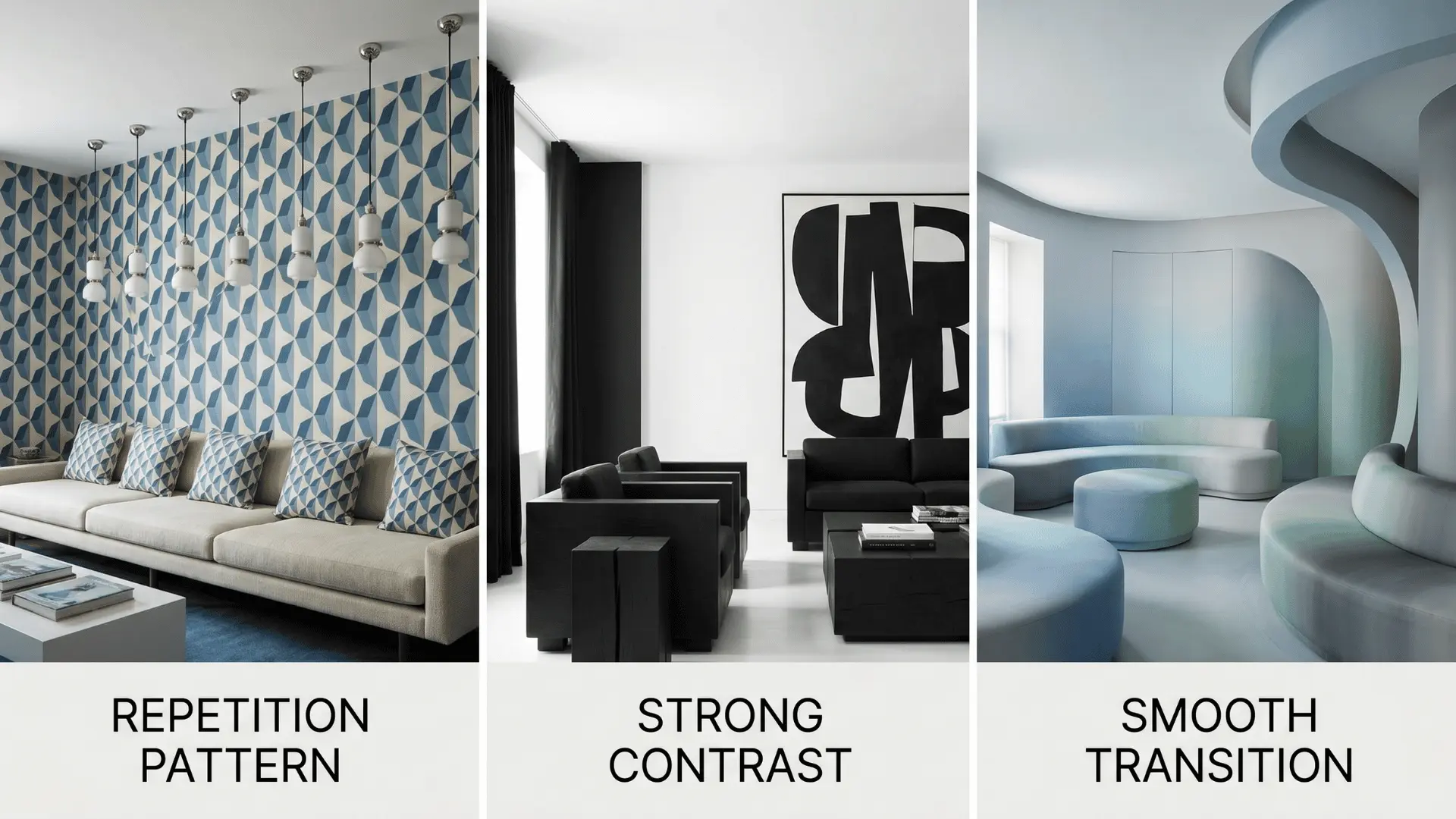 Comparison of different interior rhythm types including transition, repetition, and contrast