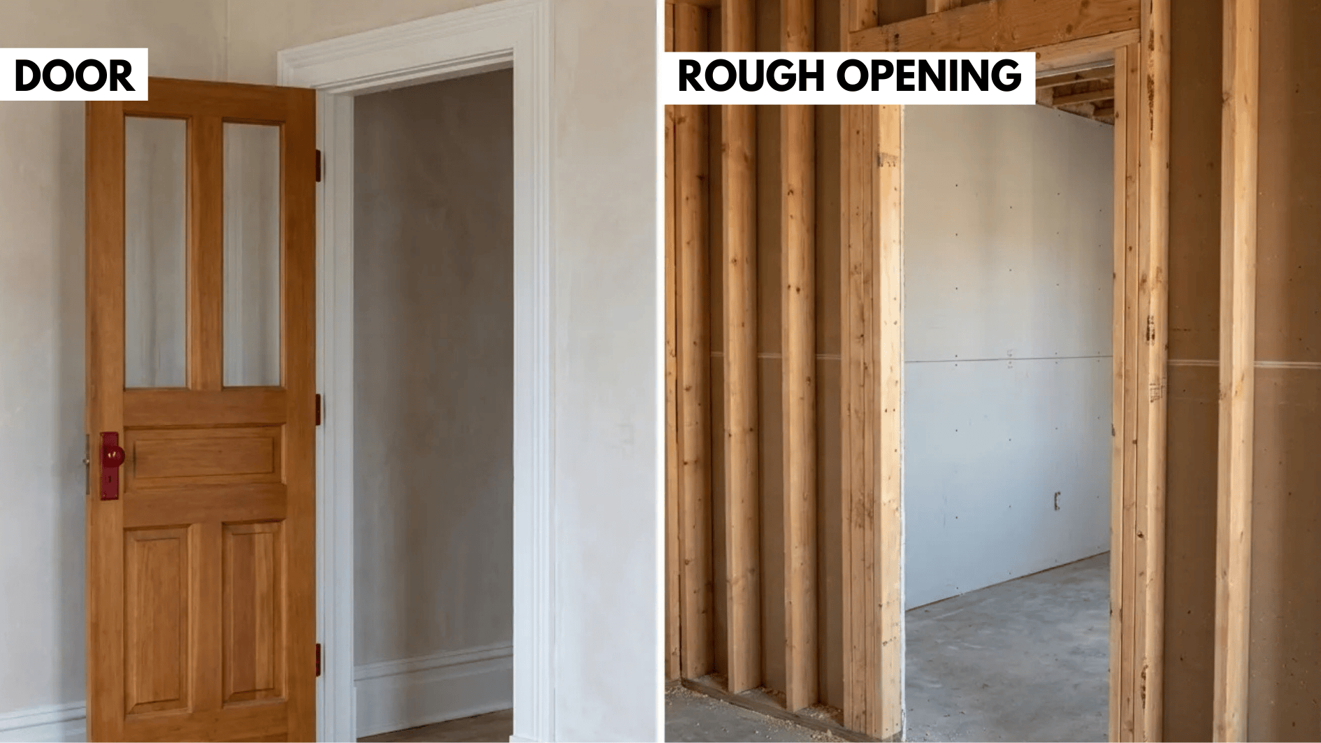comparison of finished interior door installation and framed wall rough opening, showing the difference between door size and rough opening size