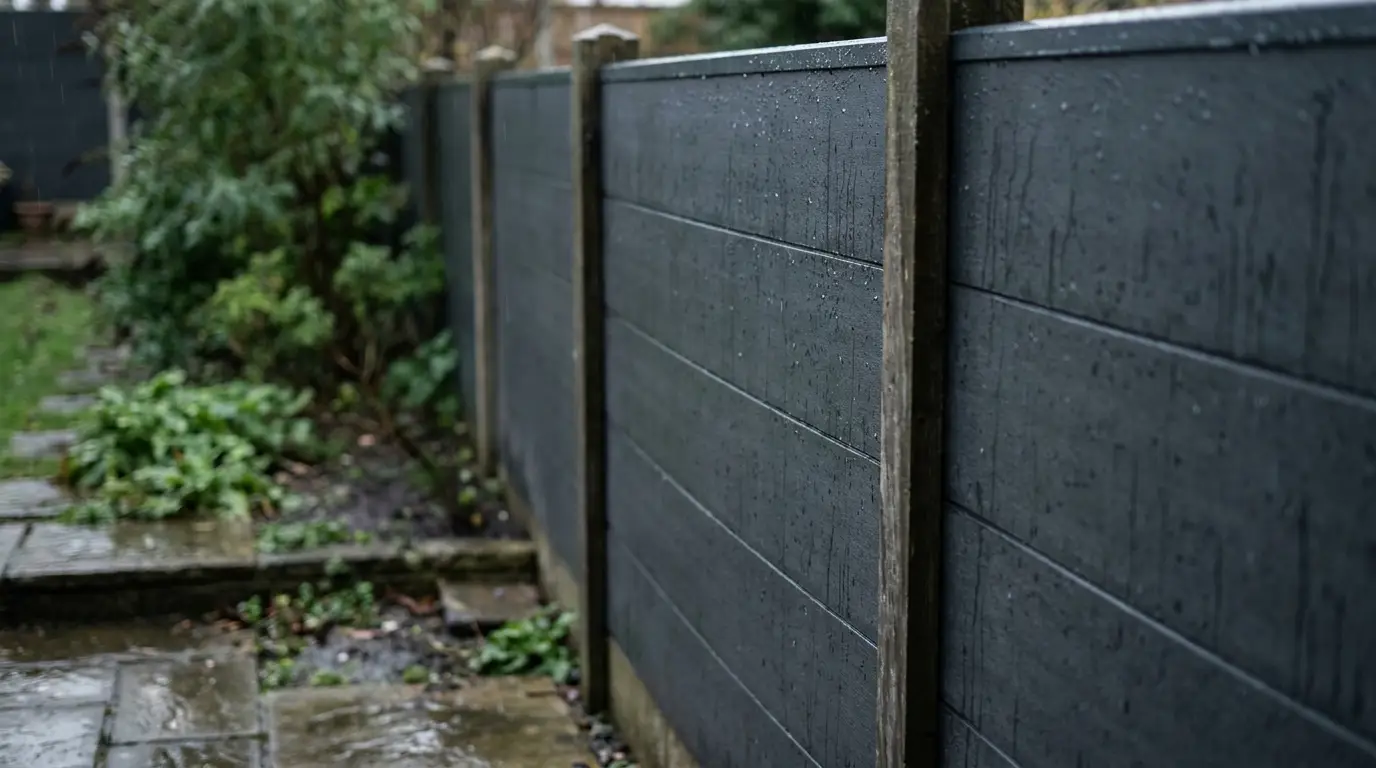 Wet dark wooden fence with raindrops in a rainy garden setting